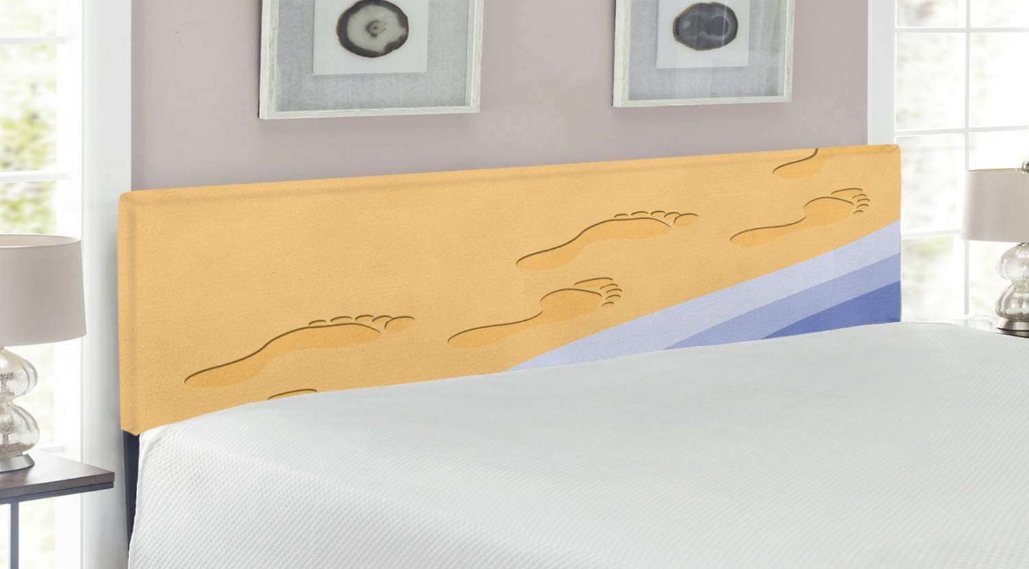 Ambesonne Modern Upholstered Headboard King Size - Realistic Ocean Waves & Footprints Sand Print, Decorative Metal Bed Headboard with Memory Foam in Pale Blue Apricot - Perfect for Coastal & Beach-Themed Bedrooms