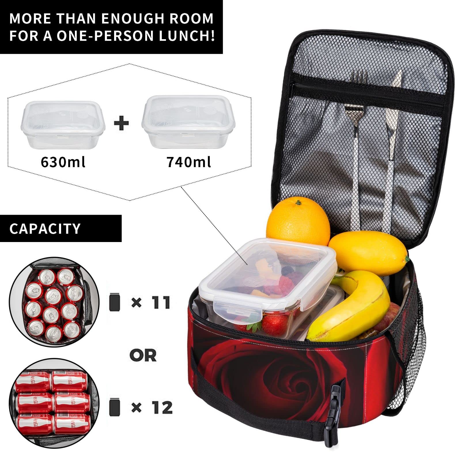 YETTA YANG Insulated Lunch Box - Cute Red Rose Floral Design, Portable & Reusable Thermal Lunch Bag for Women & Men - Perfect for Work, School, Picnic, Camping & Valentine's Day Gifts