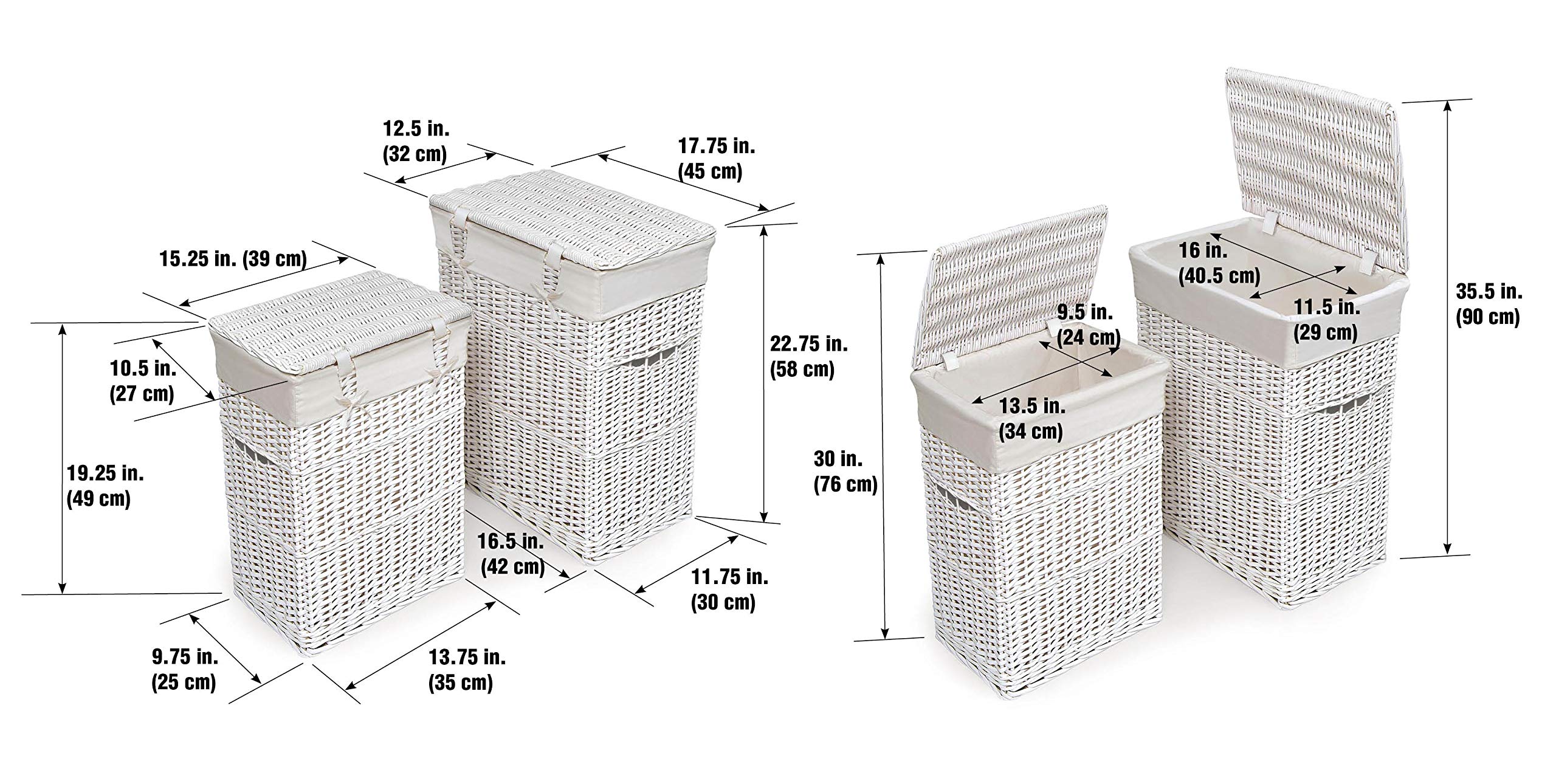 White Wicker Two Hamper Set with Removable Liners - Laundry Basket for Bedroom, Bathroom & Closet Organization