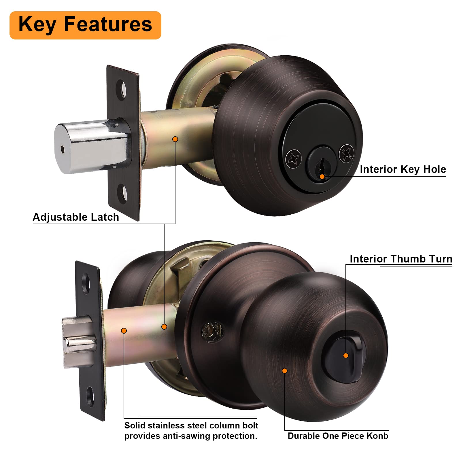 Probrico 5-Pack Oil Rubbed Bronze Door Knob & Deadbolt Sets - Keyed Alike Entry Handlesets for Front Doors, Interior & Exterior Use | Durable Hardware for Homes, Offices & Contractors | Secure Your Main Entrance & Interior Spaces