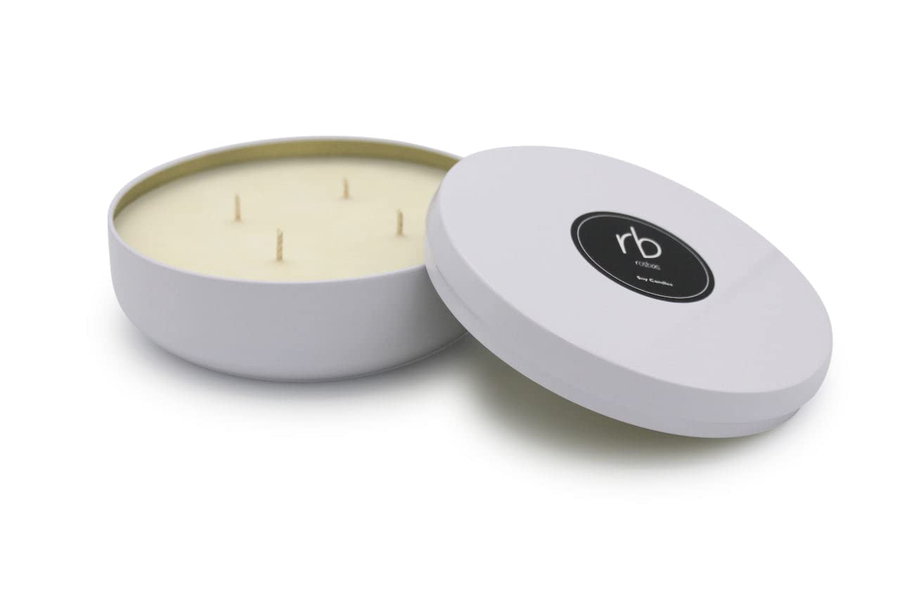 Rosbas Green Tea & Lemongrass Scented Soy Wax Candle - 14.5 oz in White Metallic Tin with 4 Cotton Wicks | Long-Lasting Burn, Non-Toxic, Handmade in USA | Perfect for Relaxation, Meditation & Home Decor