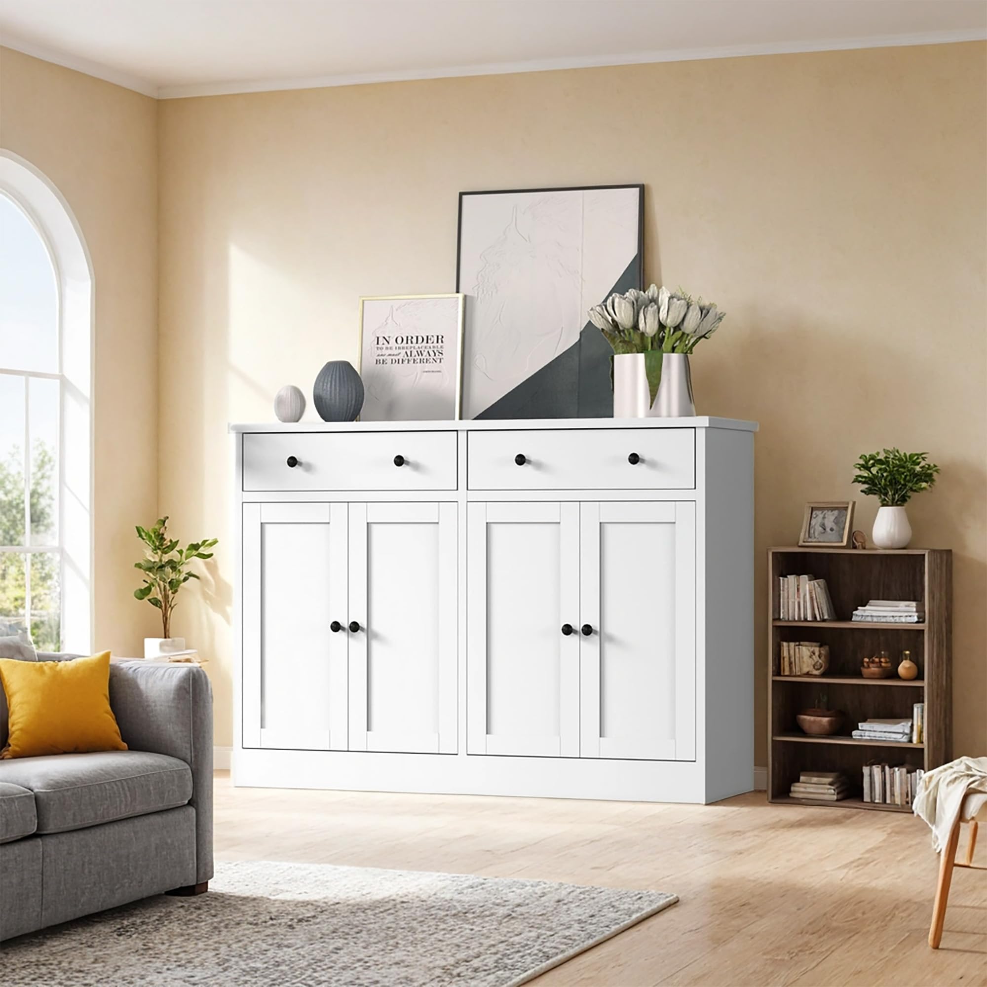 White Buffet Storage Cabinet with Doors and Drawers - 49