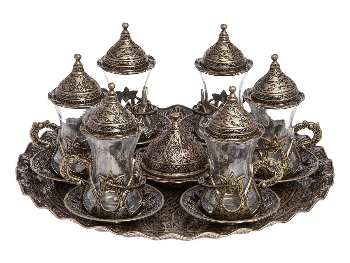 Handmade Turkish Tea Set - Authentic Green Zamzam Serving Glasses with Saucer, Tray and Spoon - Perfect for Traditional Tea Ceremonies, Home Decor & Gift Giving
