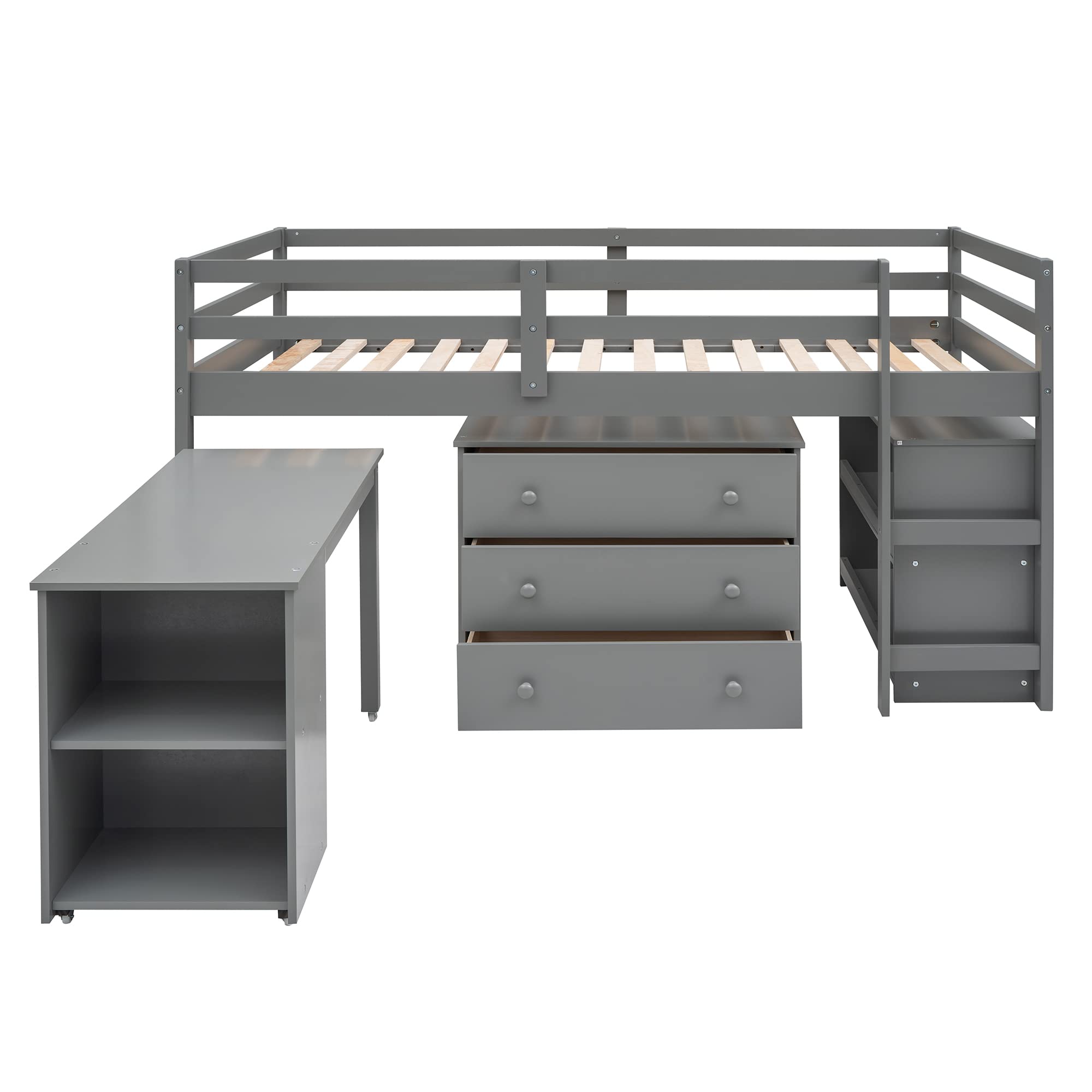 Twin Size Loft Bed with Desk and Cabinet - Low Study Loft Bed Frame for Kids & Teens, Gray - Perfect for Small Rooms, Dormitories & Space-Saving Kids Bedrooms