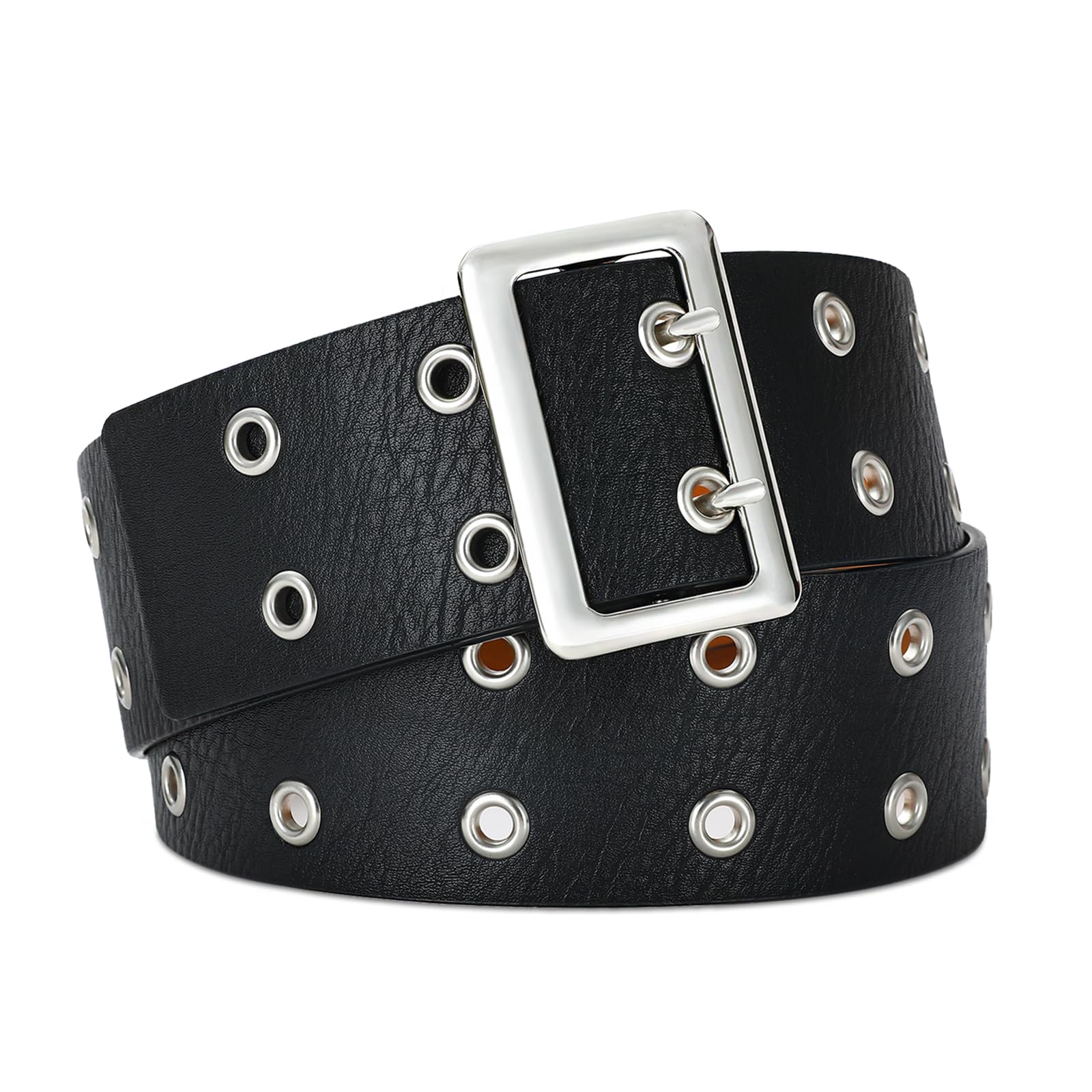 Women's Black Belt with Silver Buckle & Metal Ring Link Decor - Stylish Accessory for Jeans, Pants & Casual Outfits | Perfect for Everyday Wear, Office & Date Nights