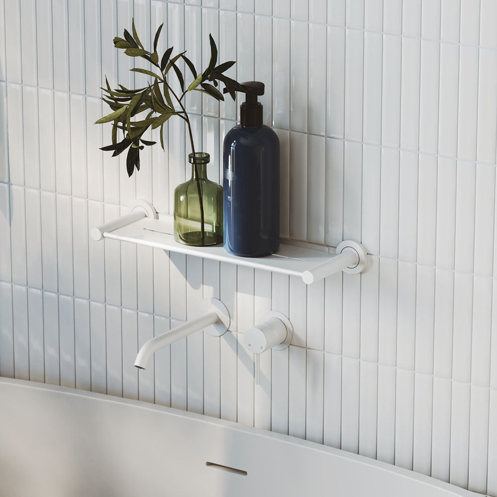Fienza 228104MW 200 Kaya Wall Mounted Bathroom Basin Mixer Set - 200mm Round Plate Matte White Finish - Perfect for Modern Bathroom and Vanity Sink Installation