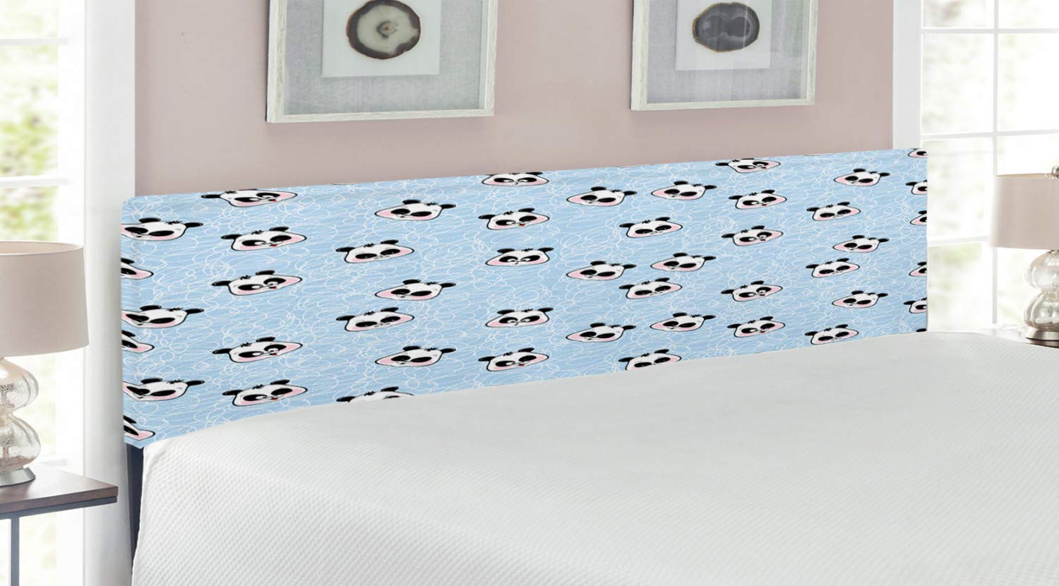 Ambesonne King Size Upholstered Panda Headboard with Memory Foam - Blue & Black Decorative Metal Bed Frame with Happy/Sad/Funny/Surprised Panda Faces - Perfect for Kids' Rooms, Nursery Decor or Whimsical Bedroom Themes