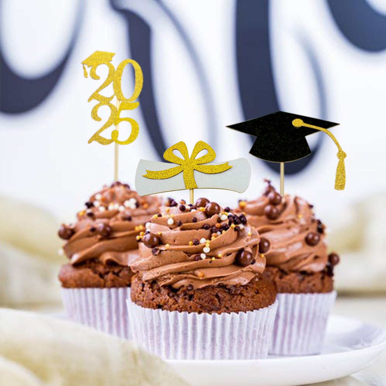 2025 Graduation Cupcake Toppers - 48pcs Glitter Gold & Black Grad Cap & Diploma Decorations for Graduation Party | Class of 2025 Dessert Toppers for Cakes, Cupcakes & Treats - Perfect for Graduation Ceremony, School Party & Celebration Decor