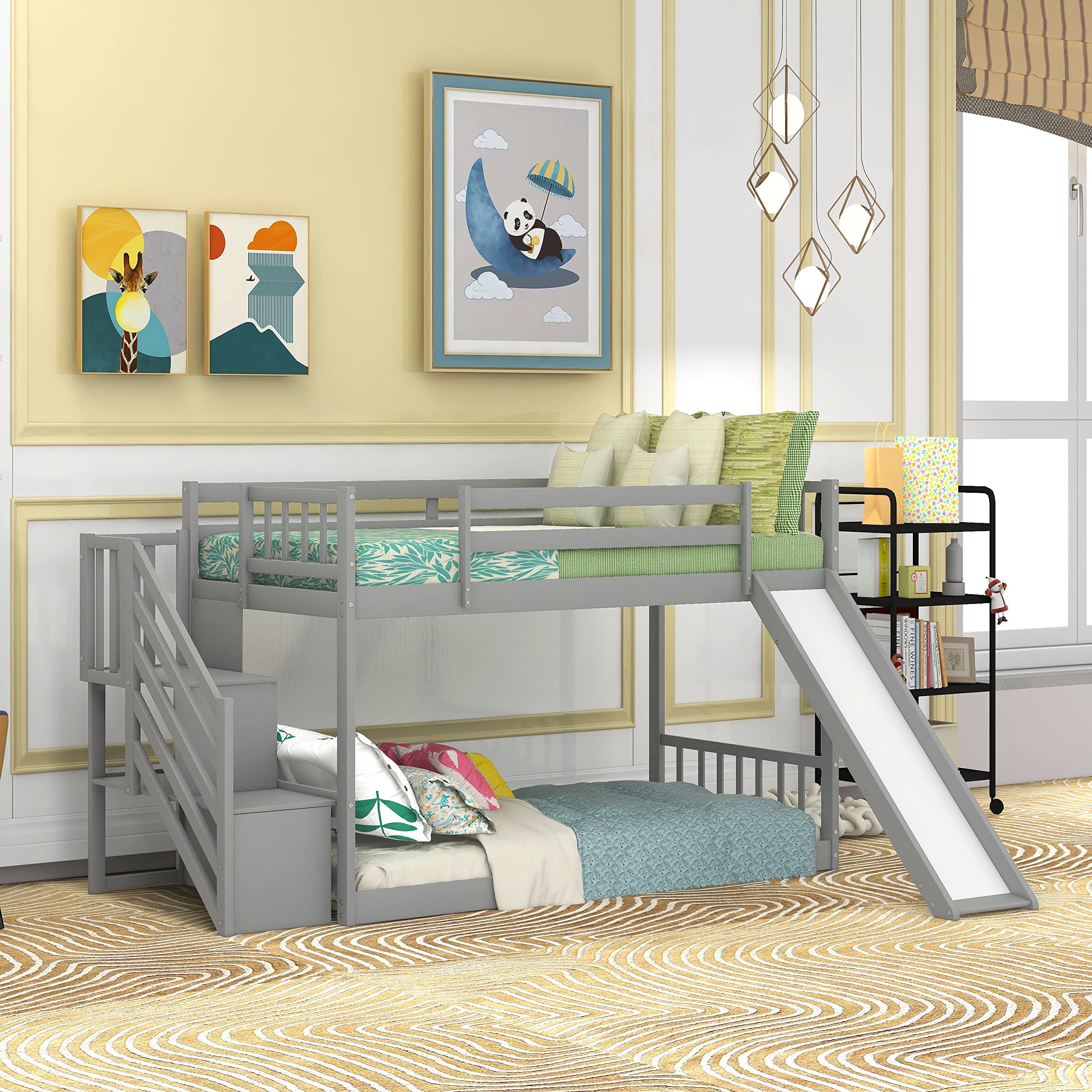 Harper & Bright Designs Twin Bunk Bed for Kids - Solid Wood Low Bunk Bed with Slide & Stairway, Space-Saving Gray Bunk Bed - Perfect for Kids' Bedroom, Dorm Room or Small Spaces