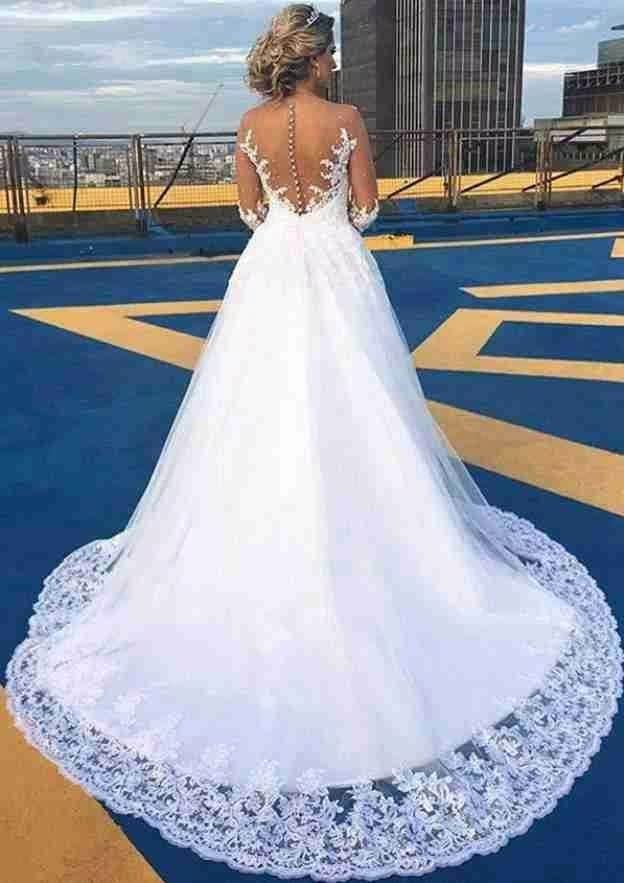 Elegant A-Line Lace Wedding Dress with Long Sleeves & Beaded Details - Floor Length Bridal Gown for Bride - Perfect for Church Ceremonies, Beach Weddings & Formal Receptions