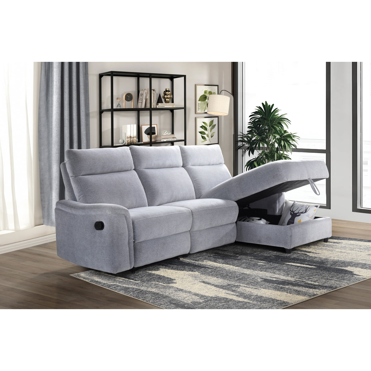 Grey Chenille 3-Piece Sectional Sofa with Storage Chaise & Recliner - Perfect for Living Room, Family Room or Home Theater