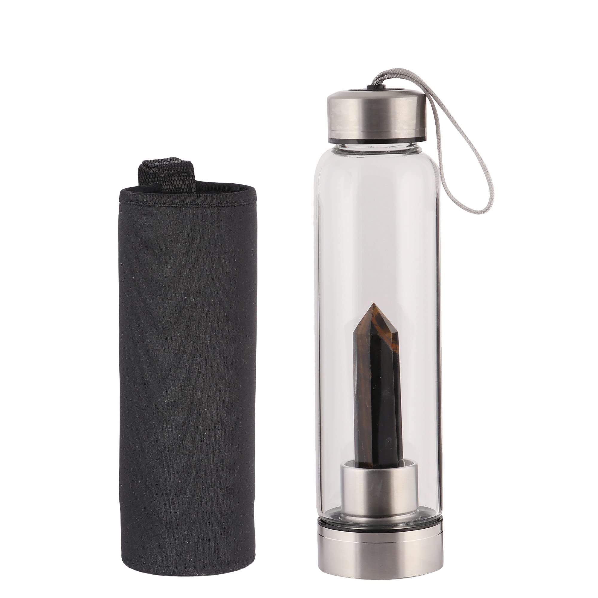 GEMHUB Crystal Glass Water Bottle with Natural Gemstone Center - Tiger Eye Healing Wand for Positive Energy, Chakra Balancing & Spiritual Wellness | Perfect for Yoga, Meditation, Reiki & Daily Hydration