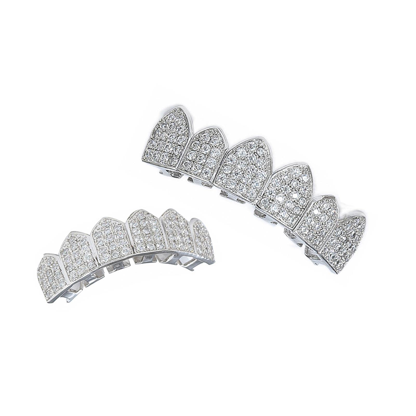 Iced Out Hip Hop Teeth Grillz Set - Top & Bottom Gold/Silver Vampire Grills for Men & Women - Perfect for Concerts, Parties & Rap Performances