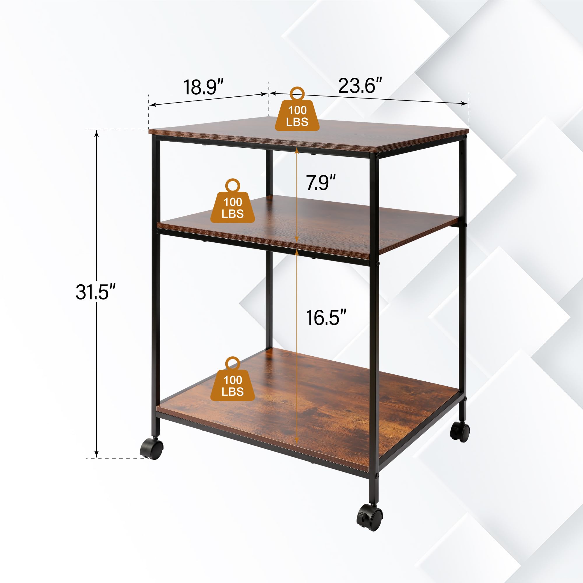 Sutex Heavy Duty Adjustable 3-Tier Rolling Printer Cart - 23.6