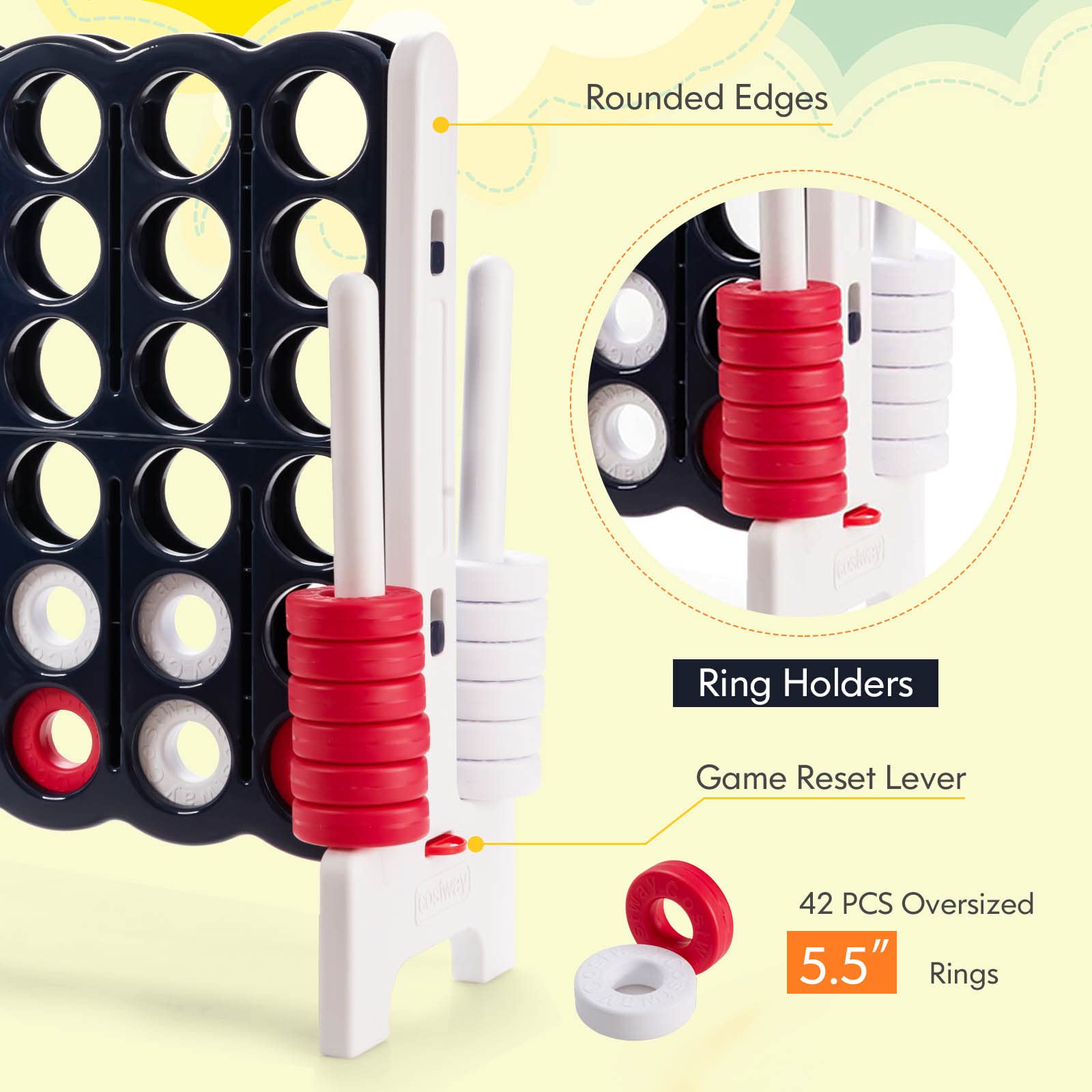 HONEY JOY Jumbo 4-to-Score Giant Connect 4 Game Set - 42 Oversized Rings & Quick-Release Slider - 3.5FT Tall Outdoor Yard Game for Kids, Adults & Family Fun - Perfect for Backyard Parties, Picnics & Beach Games