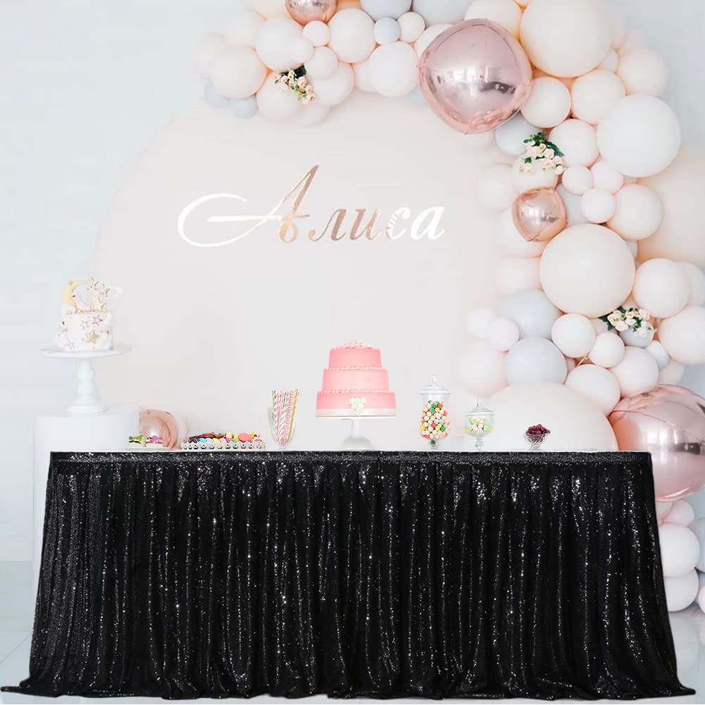 Eternal Beauty 6ft Sequin Table Skirt - Elegant Black Table Skirting for Wedding, Birthday Party & Special Events - Perfect for Cake Tables, Dessert Displays & Banquet Decor (6ft Length, 30in Height)