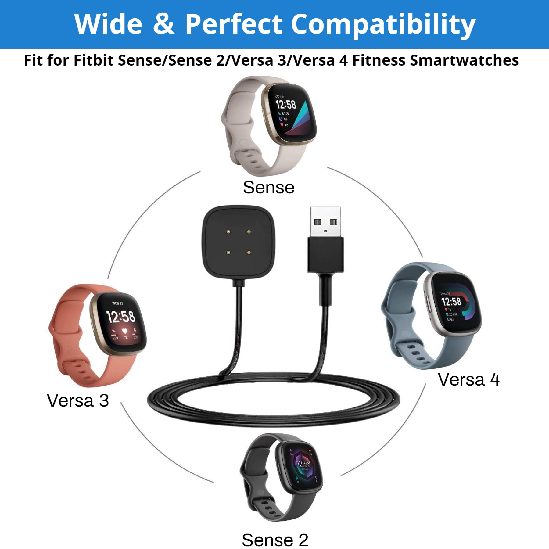 Premium Fitbit Versa 4/Sense/Versa 3/Sense 2 Charger (2-Pack) - 3.3Ft Magnetic Charging Cable with Strong Dock Stand - Perfect for Home, Office & Travel Use