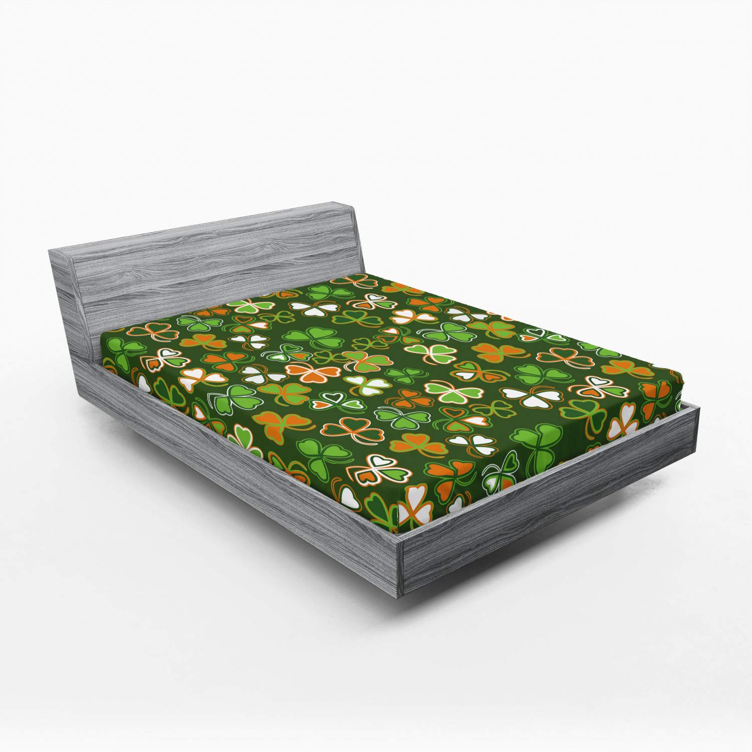 Ambesonne St. Patrick's Day King Size Fitted Sheet - Lucky Shamrocks Irish Clover Celebration Bedding with Deep Pocket Elastic, Green & Orange - Perfect for Irish Themed Parties, Holiday Decor & Guest Room Comfort