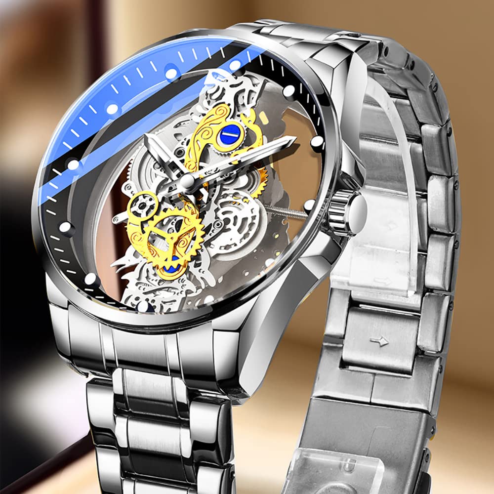 Tiong Men's Stainless Steel Waterproof Skeleton Quartz Watch - Clear Cover Business Dress Watch for Men | Perfect for Office, Formal Events & Everyday Wear