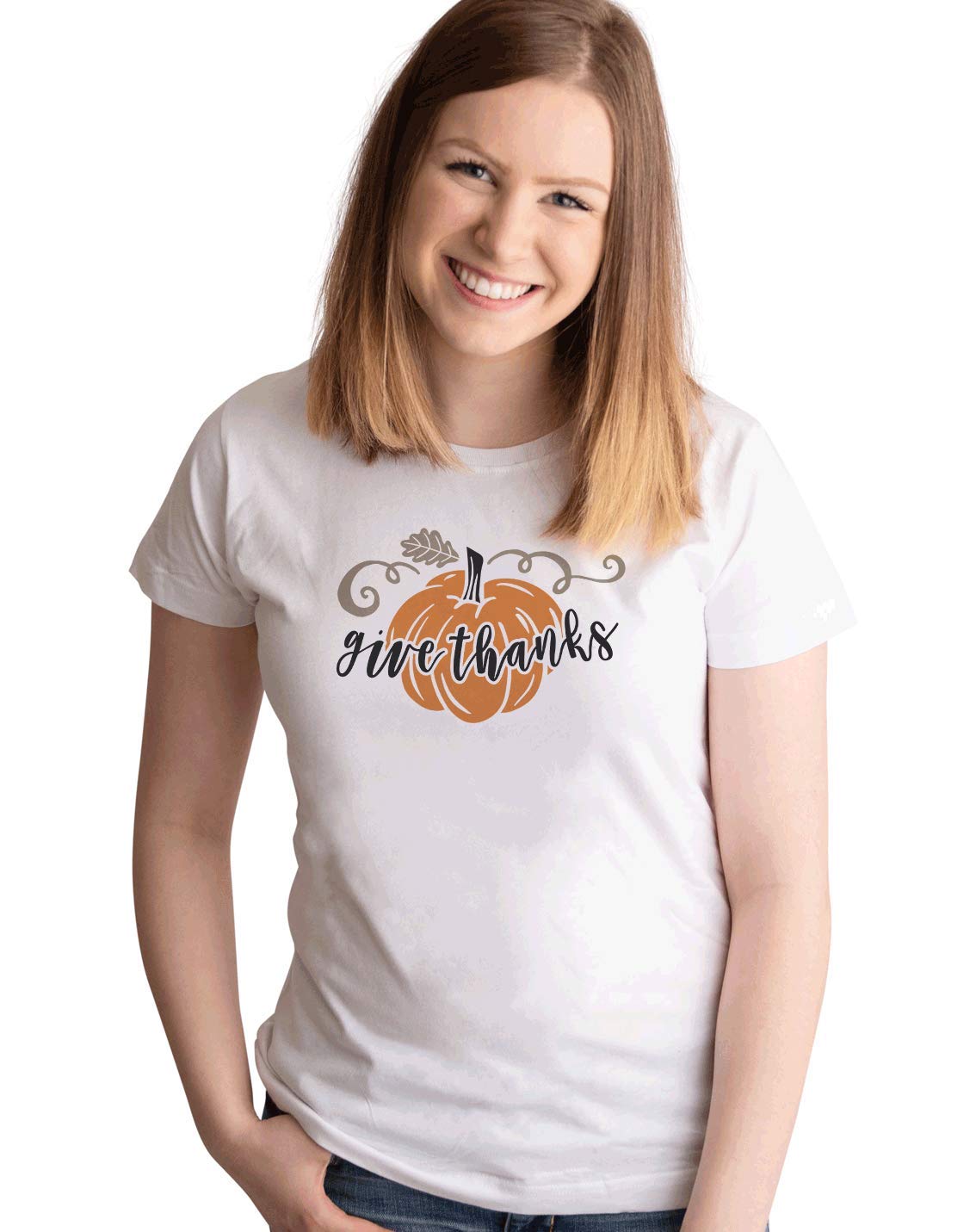 7 ate 9 Apparel Women's Thanksgiving Pumpkin Graphic T-Shirt - Cute Fall Outfit for Autumn Parties, Family Gatherings & Holiday Photos