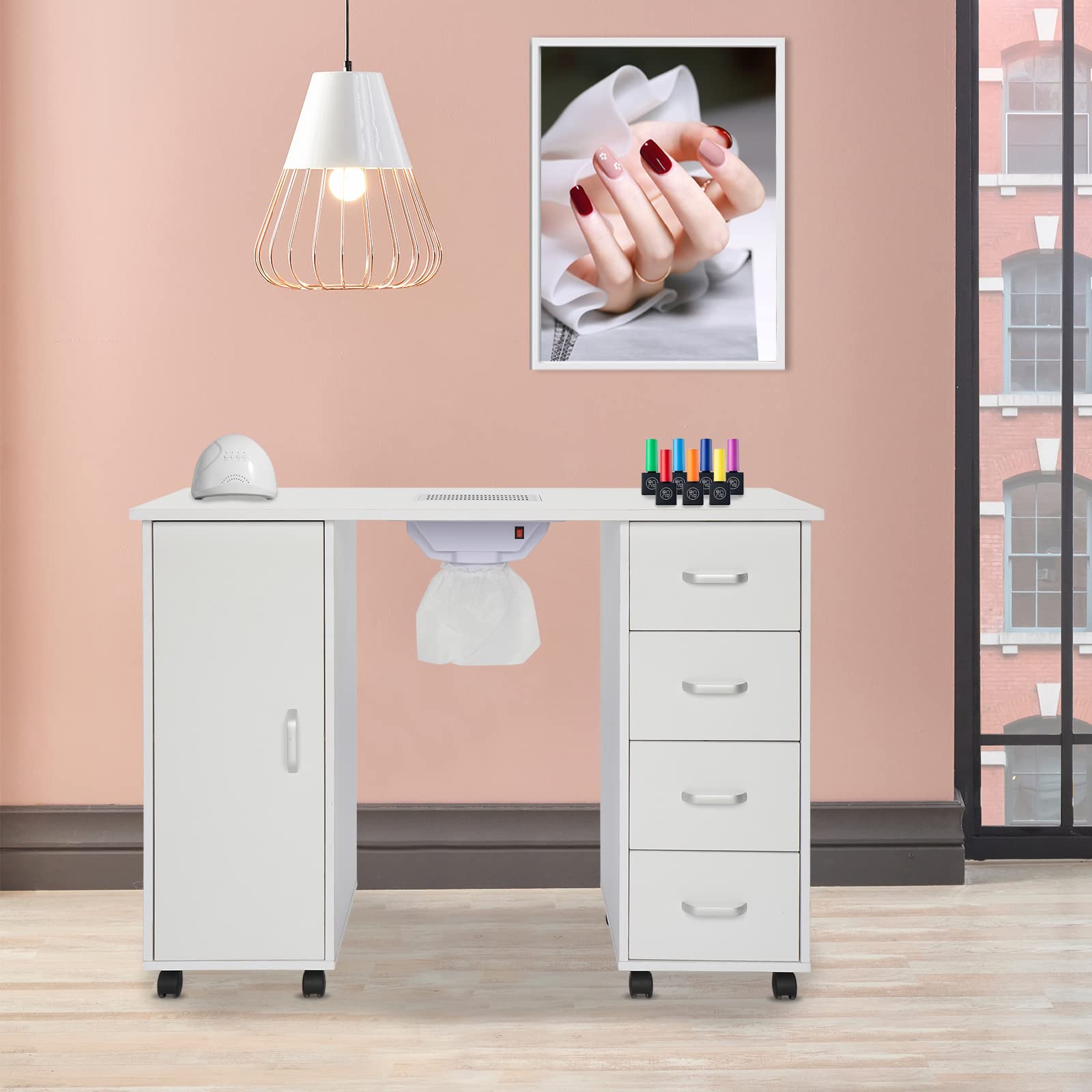 Professional Manicure Table with Downdraft Ventilation - Nail Tech Station with 4 Removable Drawers, 2-Tier Storage Cabinet & Lockable Wheels | Perfect for Salon, Spa & Home Nail Art Studio