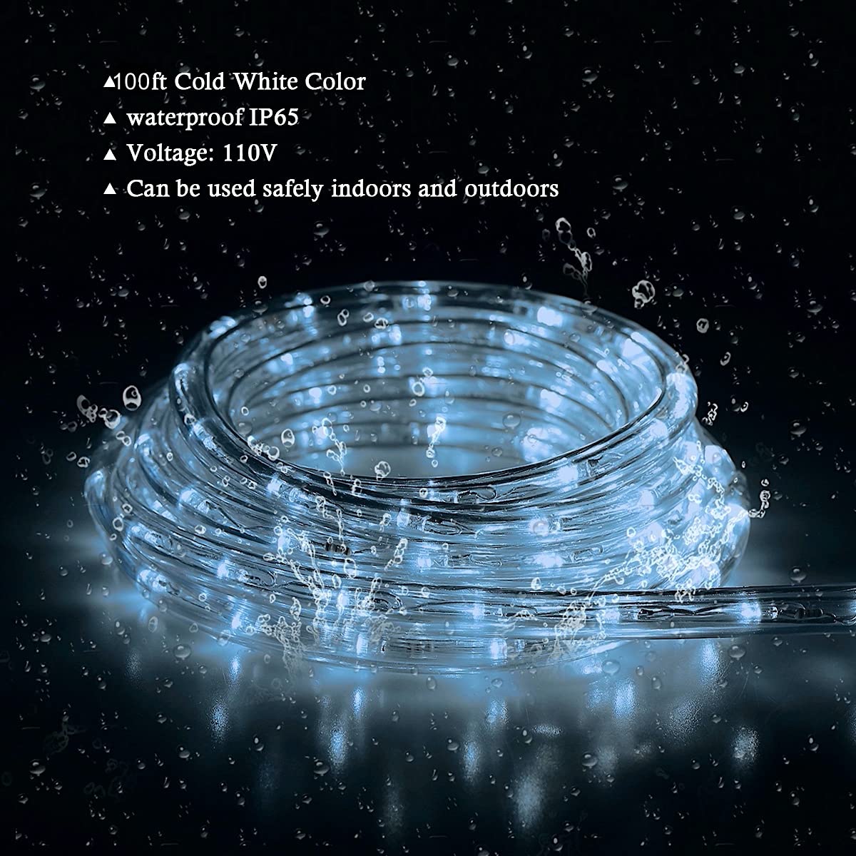 100ft Waterproof LED Rope Lights for Outdoor & Indoor Use - 110V Cold White String Lights for Eaves, Backyards, Garden, Deck & Christmas Decorations - Perfect for Patio Lighting, Holiday Displays & Landscape Accents