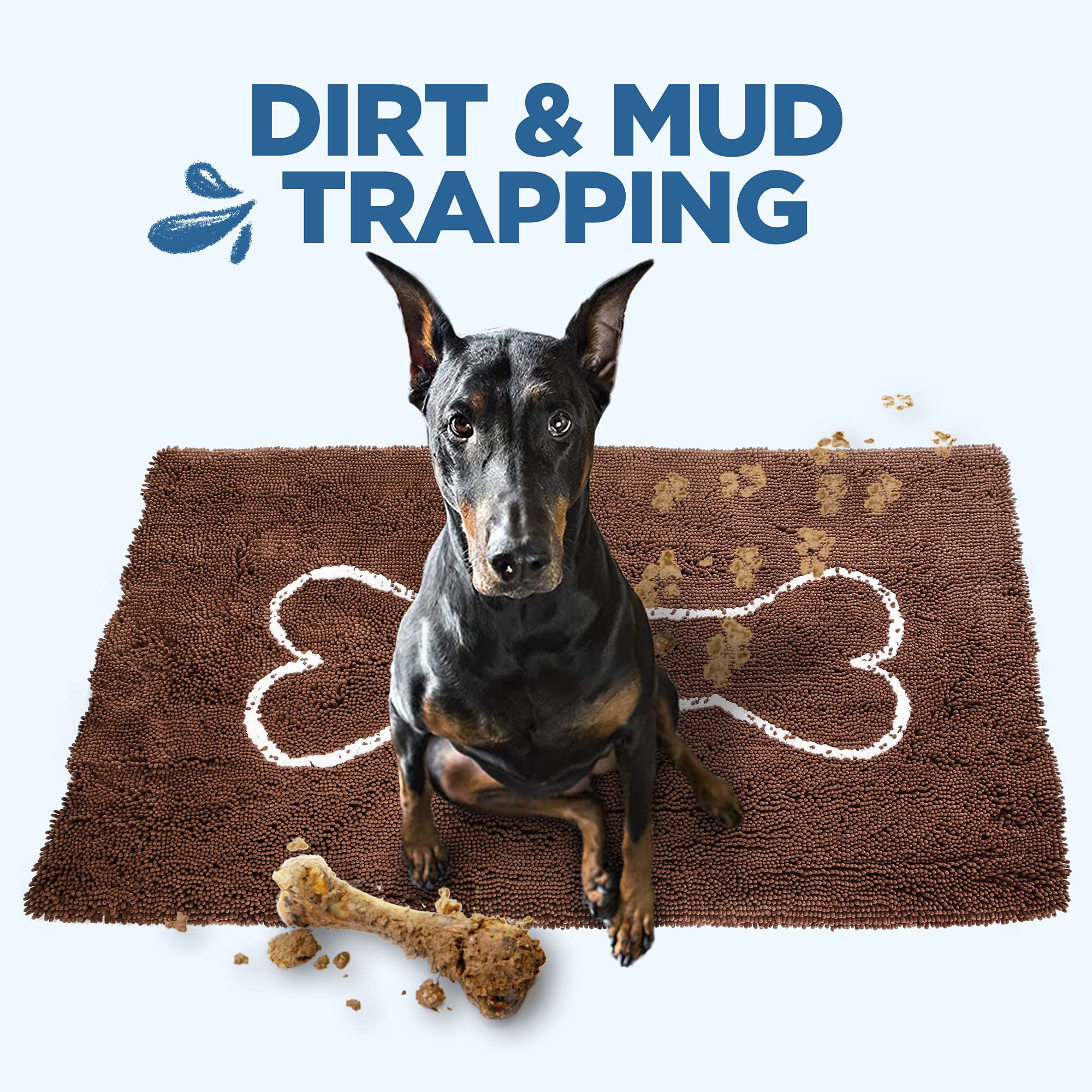 Ultra-Absorbent Soggy Doggy Microfiber Chenille Doormat - Non-Slip Indoor Dog Mat for Muddy Paws & Wet Pets | Bone Design Pet Mat for Entryway, Kitchen & Living Room | Dark Chocolate/Oatmeal Color