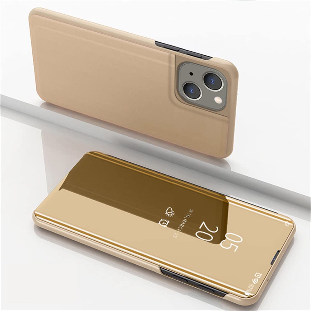 **iPhone 13 Case with Makeup Mirror & Kickstand - Ultra-Thin Clear Protective Cover, Anti-Scratch Design for iPhone 13 (6.1 Inch) - Gold | Perfect for Makeup Touch-Ups & Hands-Free Viewing**