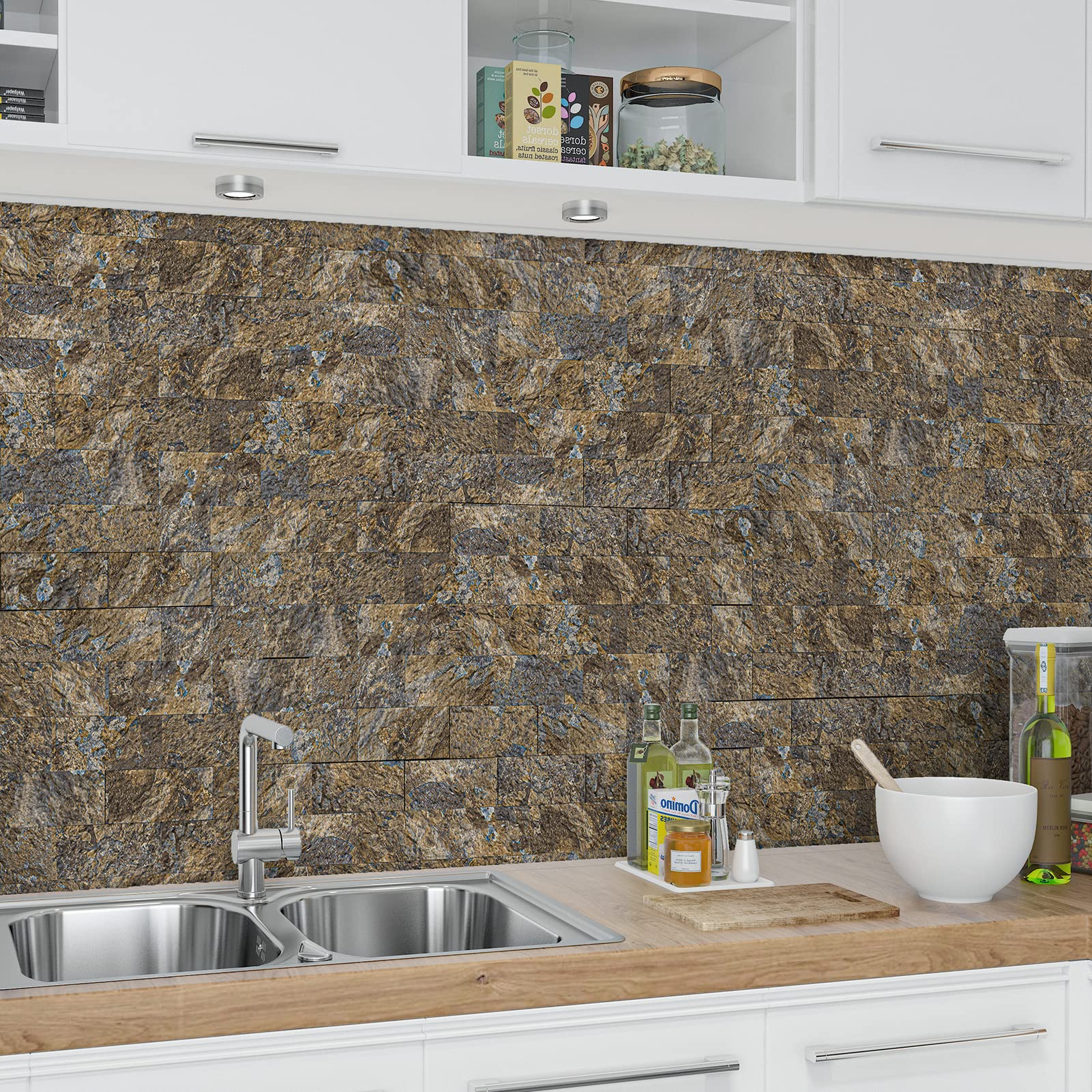 LONGKING 10-Sheet Peel and Stick Backsplash Tile - Waterproof PVC Self-Adhesive Wallpaper for Kitchen, Bathroom Vanity, Laundry Room - Rustic Slate Design, Easy DIY Home Décor Upgrade (Perfect for Renters & Homeowners)