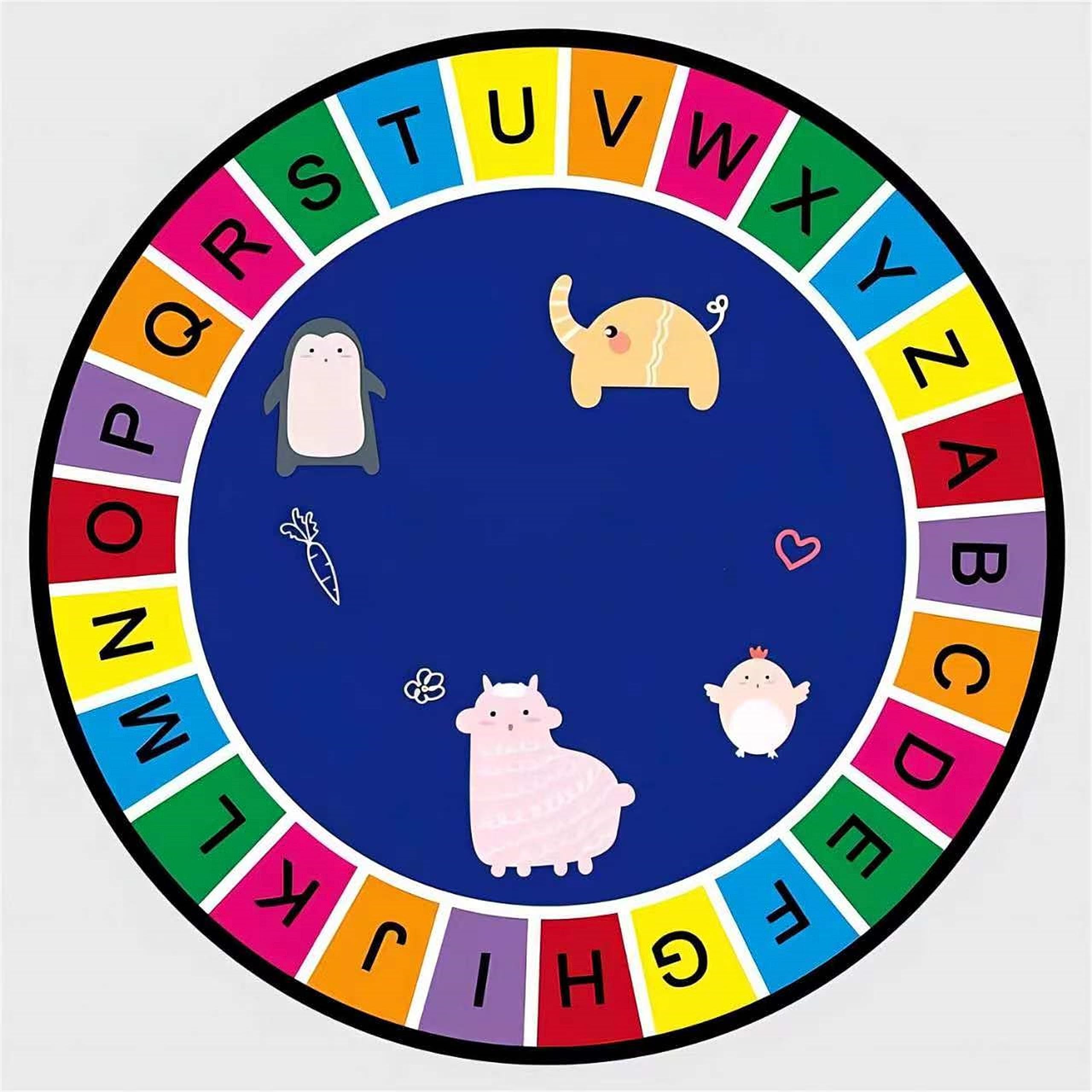 ABC Kids Round Area Rug 6ft - Soft Non-Slip Circle Alphabet Animal Play Mat with Elephant Penguin Sheep Chick Design for Nursery, Playroom, Living Room & Bedroom | Perfect for Crawling, Learning & Decorating Toddler Rooms