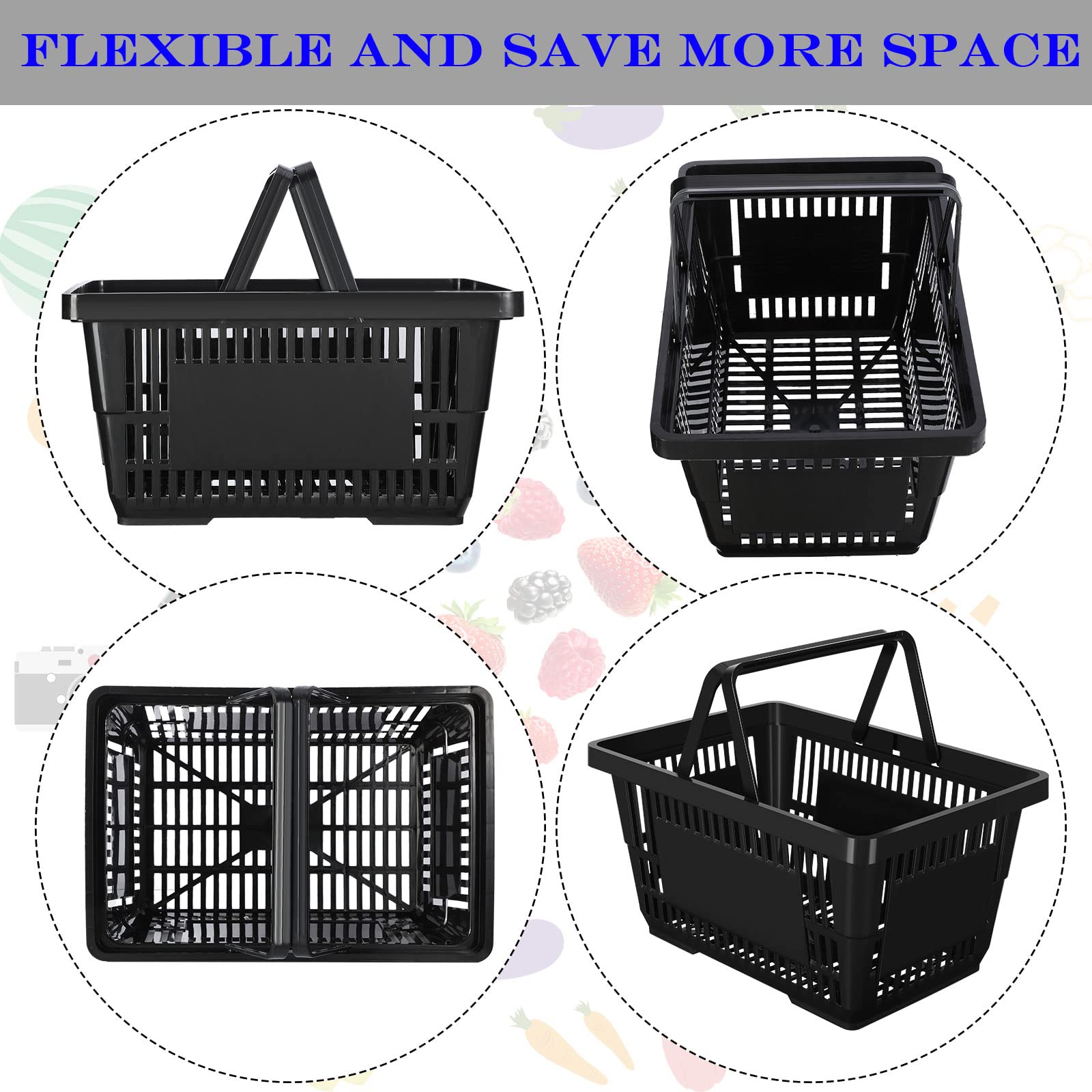 Macarrie 12 Pack 20L Plastic Shopping Baskets with Handles - 16.9 x 11.8 x 9.1 Inches, Durable Black Storage Bins for Grocery Store, Retail, Home Organization & Laundry Room