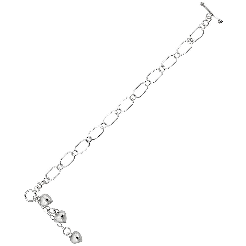 Sterling Silver Swaying Puffed Heart Link Toggle Charm Bracelet for Women - 7.5 Inch Adjustable Dainty Jewelry Gift for Valentine's Day, Anniversary, Birthday & Everyday Wear