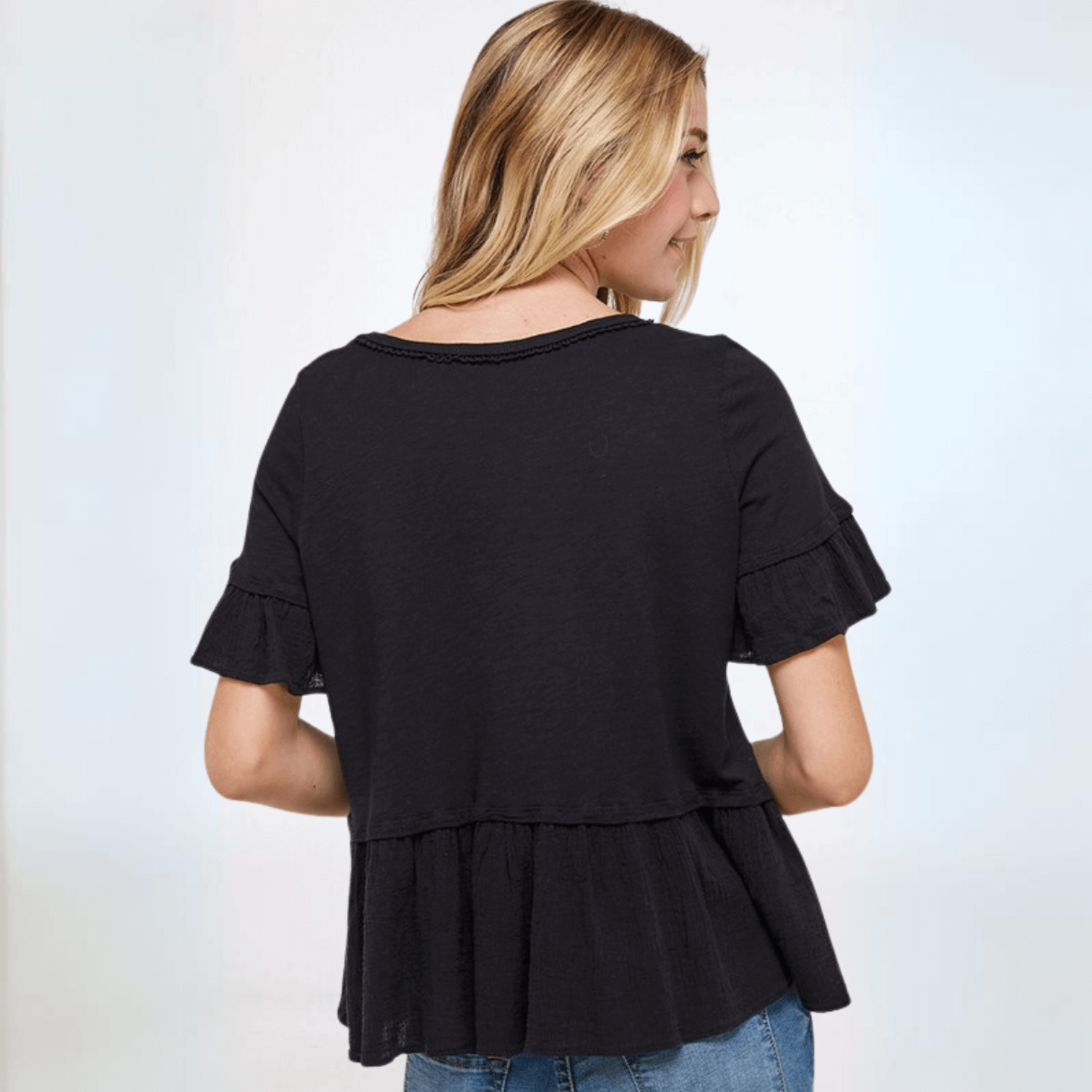 Flounce Ruffle Tee Women's Top | Soft Comfortable Blouse | Made in USA | Perfect for Casual Wear, Date Night & Office Outfits