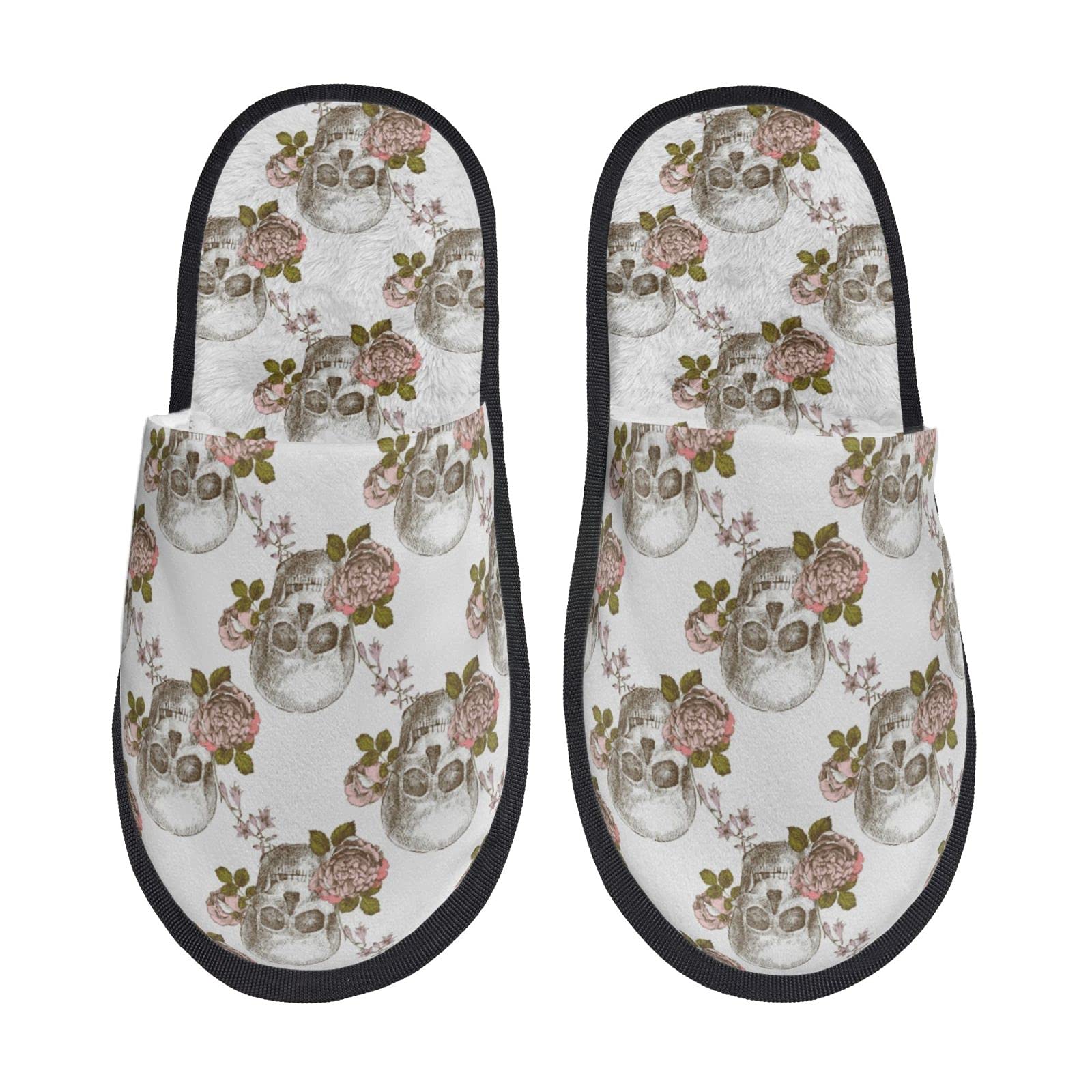 Vintage Skull and Flowers Plush Slippers for Men and Women - Soft Cozy Indoor House Shoes with Warm Fleece Lining - Perfect for Winter Comfort at Home, Lounge Wear, and Gift Giving