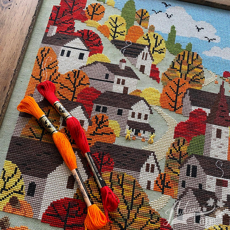 Autumn Towne Cross Stitch Pattern Kit - Fall Themed Embroidery Design for Beginners & Experts | Perfect for Home Decor, DIY Gifts & Seasonal Crafting