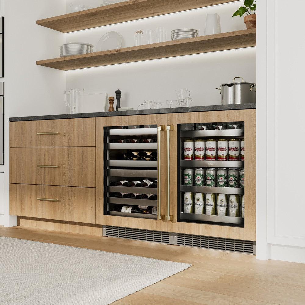 ZLINE Autograph Edition 24 Inch Built-In Beverage Refrigerator - Touchstone 151 Can Capacity, Panel Ready Glass Door with Champagne Bronze Handle (RBSPOZ 24 CB) - Perfect for Home Bar, Kitchen, or Office Drink Storage