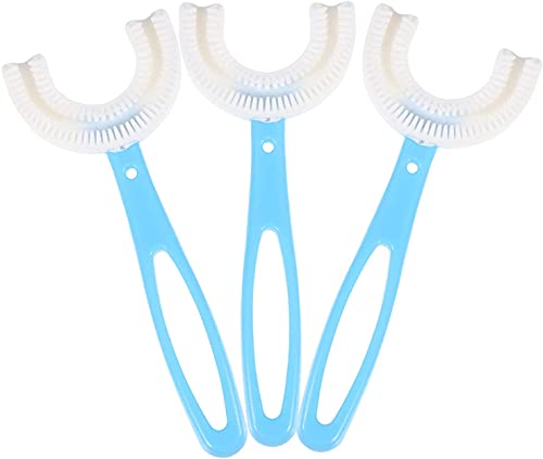360° Cleaning U-Shaped Baby Toothbrush Set - 3 Pack Soft Bristle Manual Toothbrushes for Kids Ages 6-12, Food Grade Silicone & PP Material (Blue) - Perfect for Gentle Oral Care & Teaching Children Proper Brushing Habits
