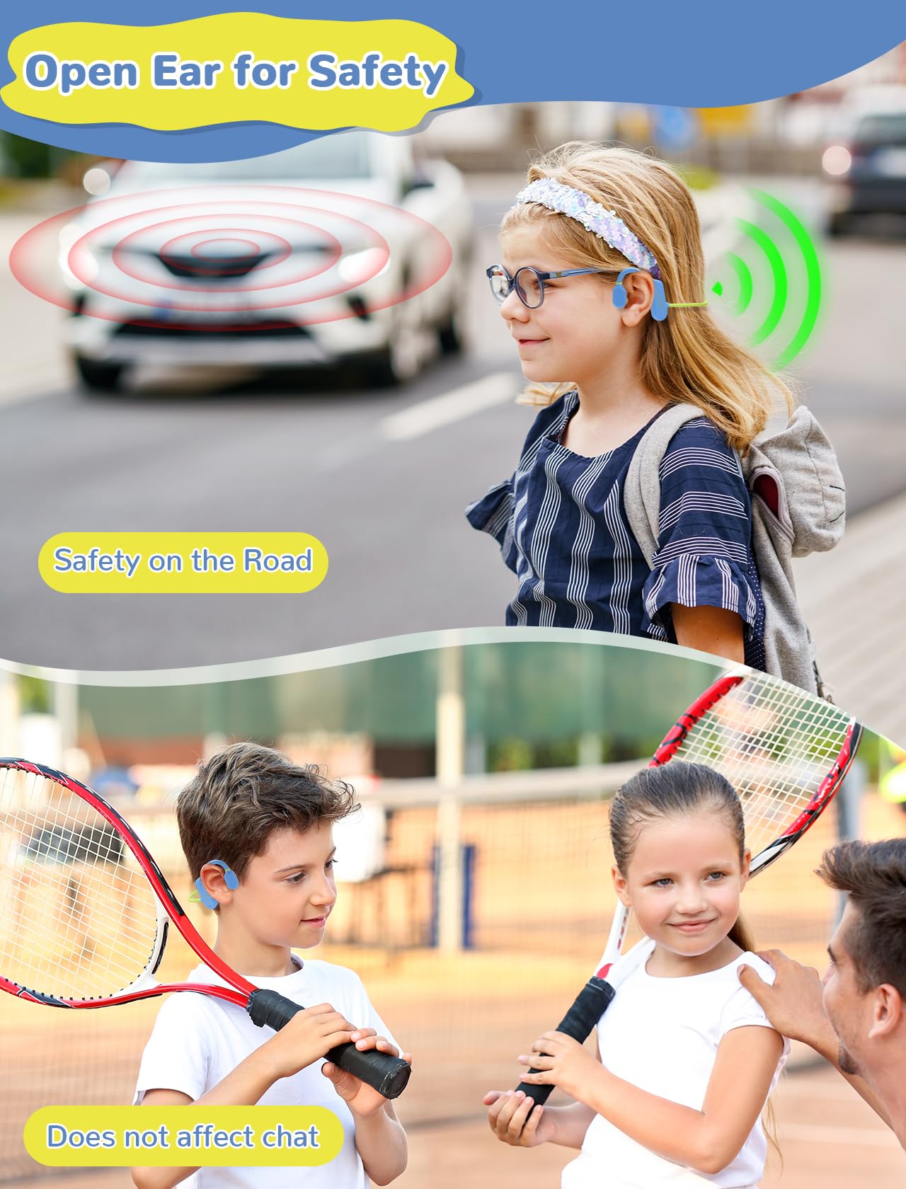 Wireless Kids Headphones 5.3 Bluetooth - Open Ear Air Conduction Headphones for Children, IPX5 Waterproof, Lightweight Design with Built-in Mic - Perfect for School, Home, Outdoor Activities & Online Learning (Blue)