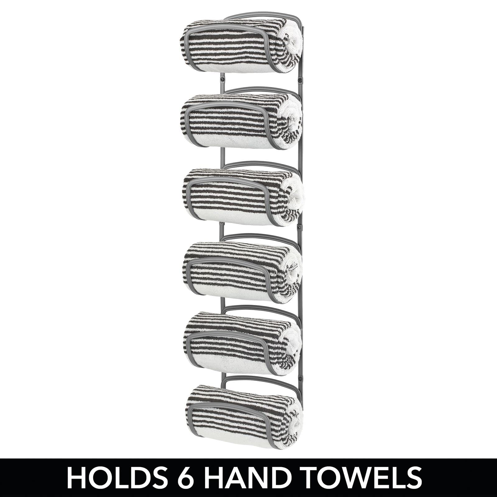 mDesign Steel Wall Mounted Towel Holder - 6-Tier Bathroom Towel Organizer for Rolled Towels - Space Saving Storage Rack - Hyde Collection in Graphite Gray - Perfect for Small Bathrooms, Laundry Rooms & Spa Areas
