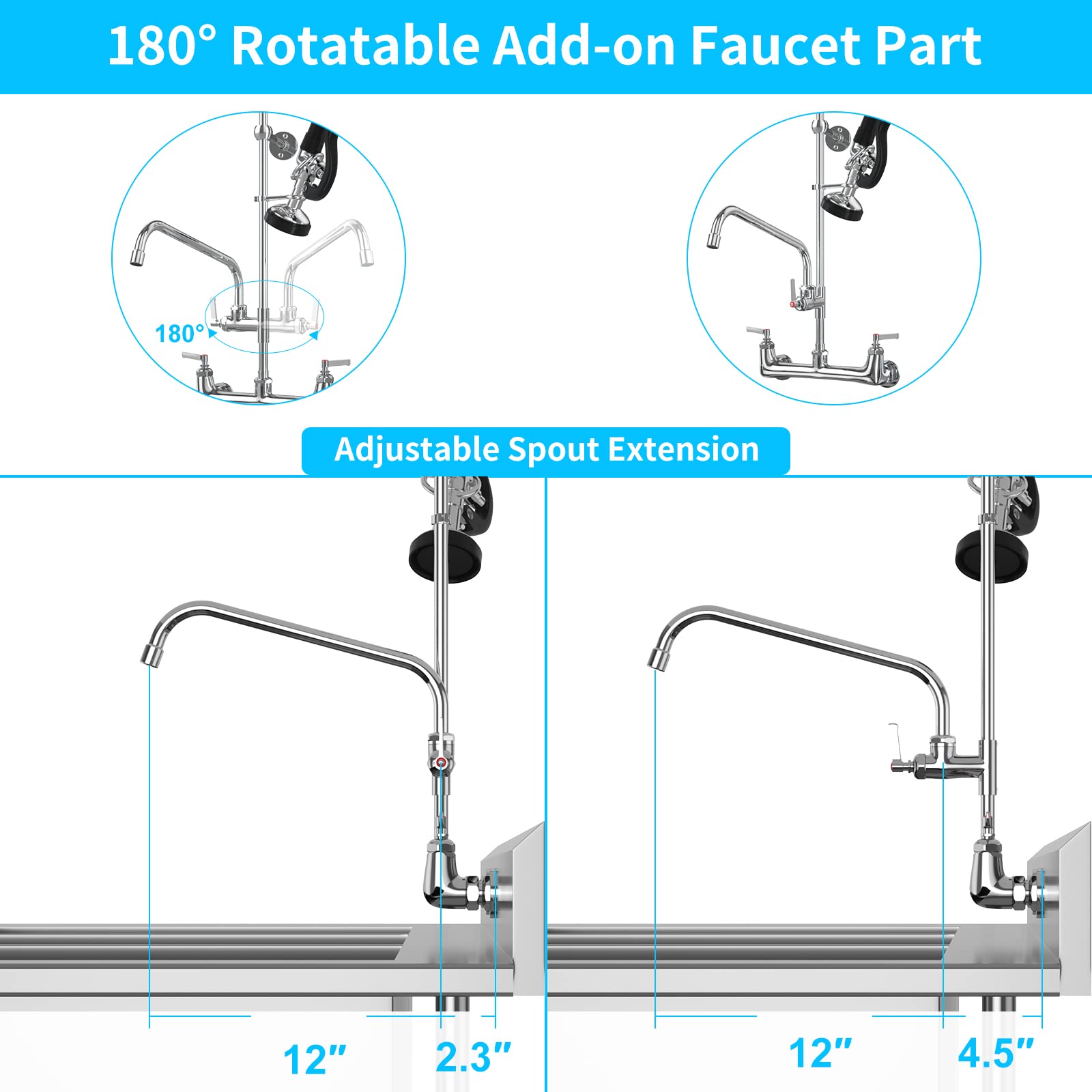 Commercial Brass Wall Mount Kitchen Sink Faucet with Pull Down Sprayer - 36