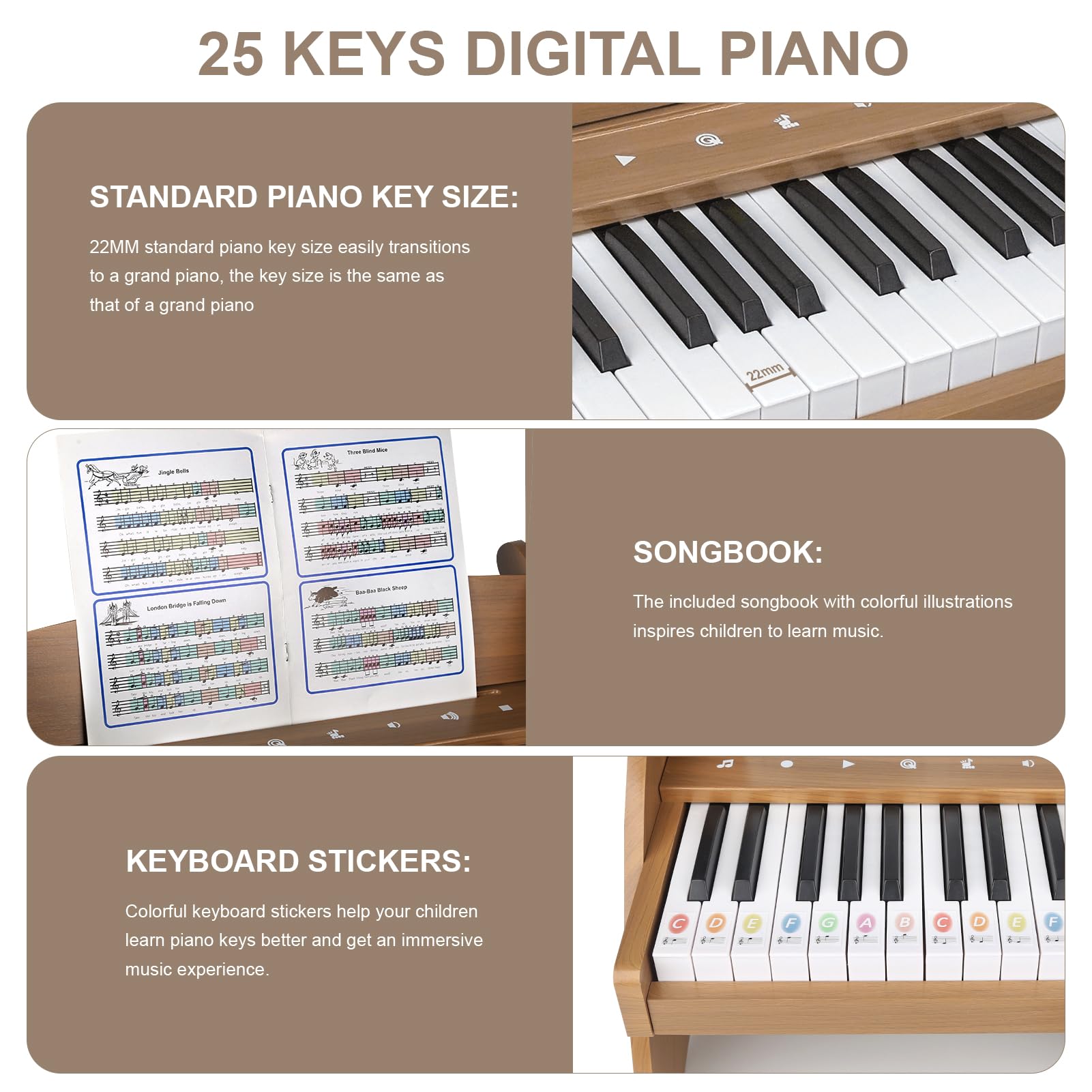Joyreal 25-Key Digital Piano Keyboard for Kids - Touch Sensitive Keys with Educational Stickers, Wooden Mini Piano Toy for Boys & Girls Ages 3+ | Perfect for Early Music Education, Birthday Gifts & Home Play
