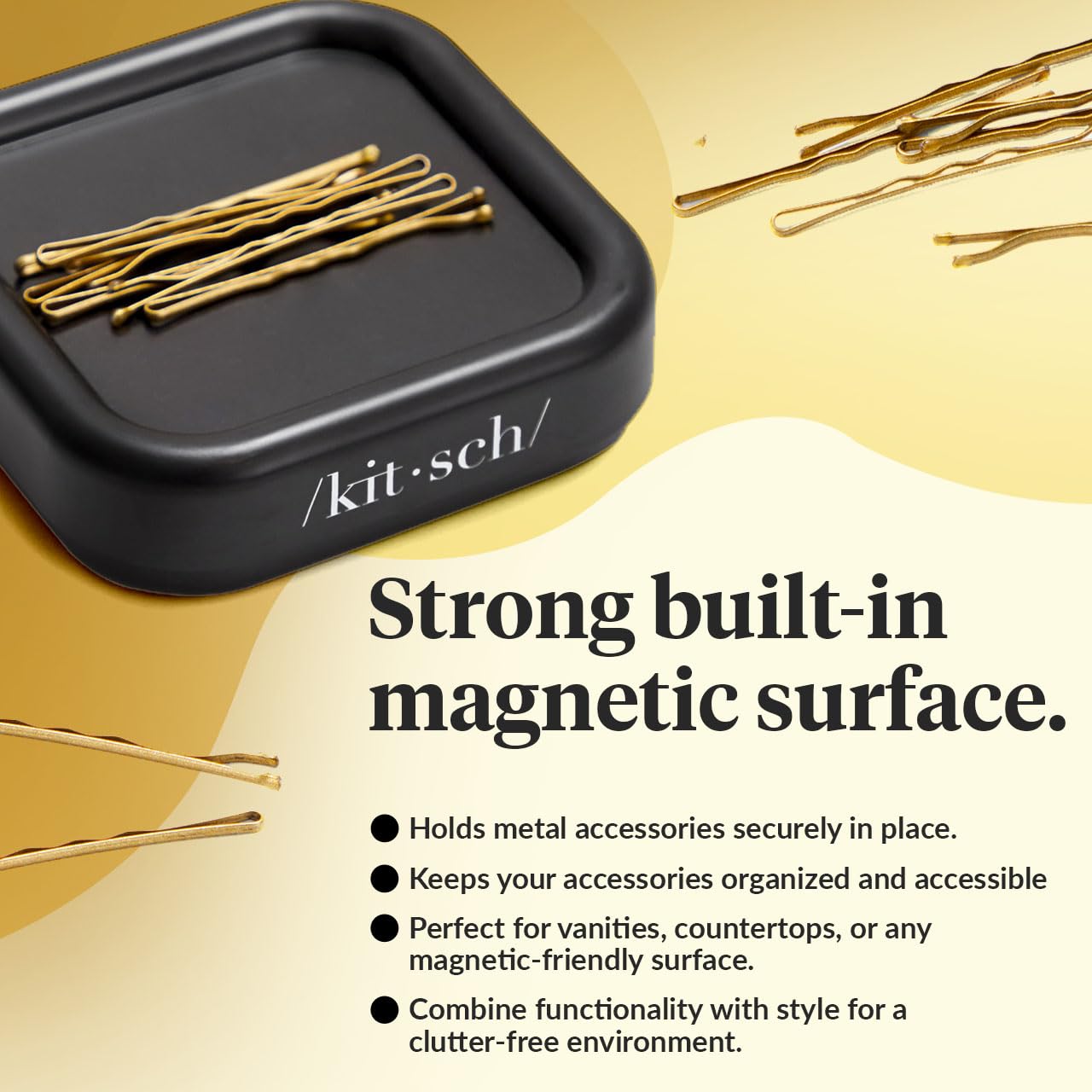 Kitsch Magnetic Bobby Pin Holder - Strong Magnetic Desk & Vanity Organizer for Hair Clips, Bobby Pins & Paper Clips - Black (1 Pc) | Perfect for Home, Office & Travel Organization