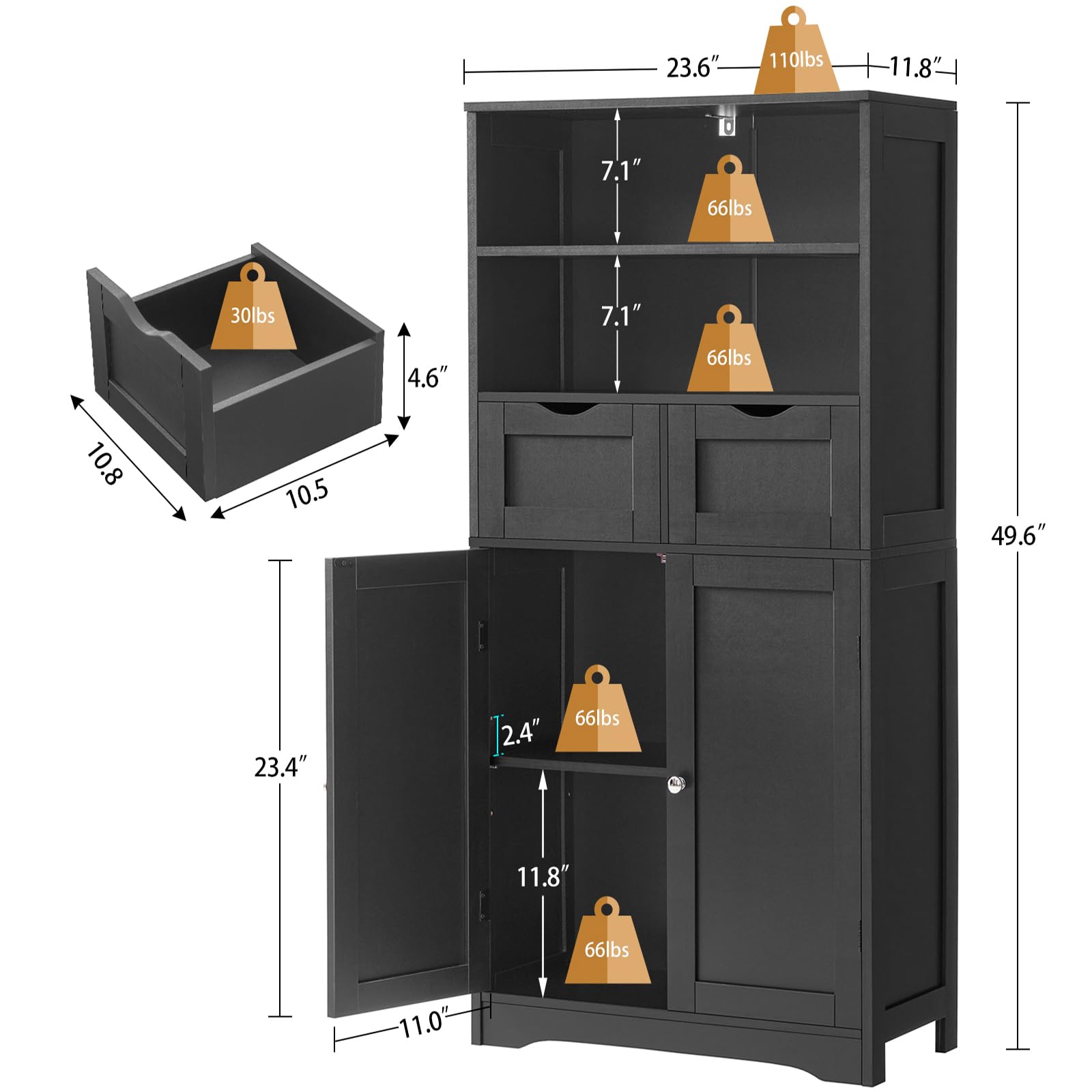 Iwell Tall Storage Cabinet with 2 Drawers & Adjustable Shelves - Black Bathroom Cabinet for Living Room, Dining Room, Entryway - Perfect for Organizing Towels, Linens & Home Essentials