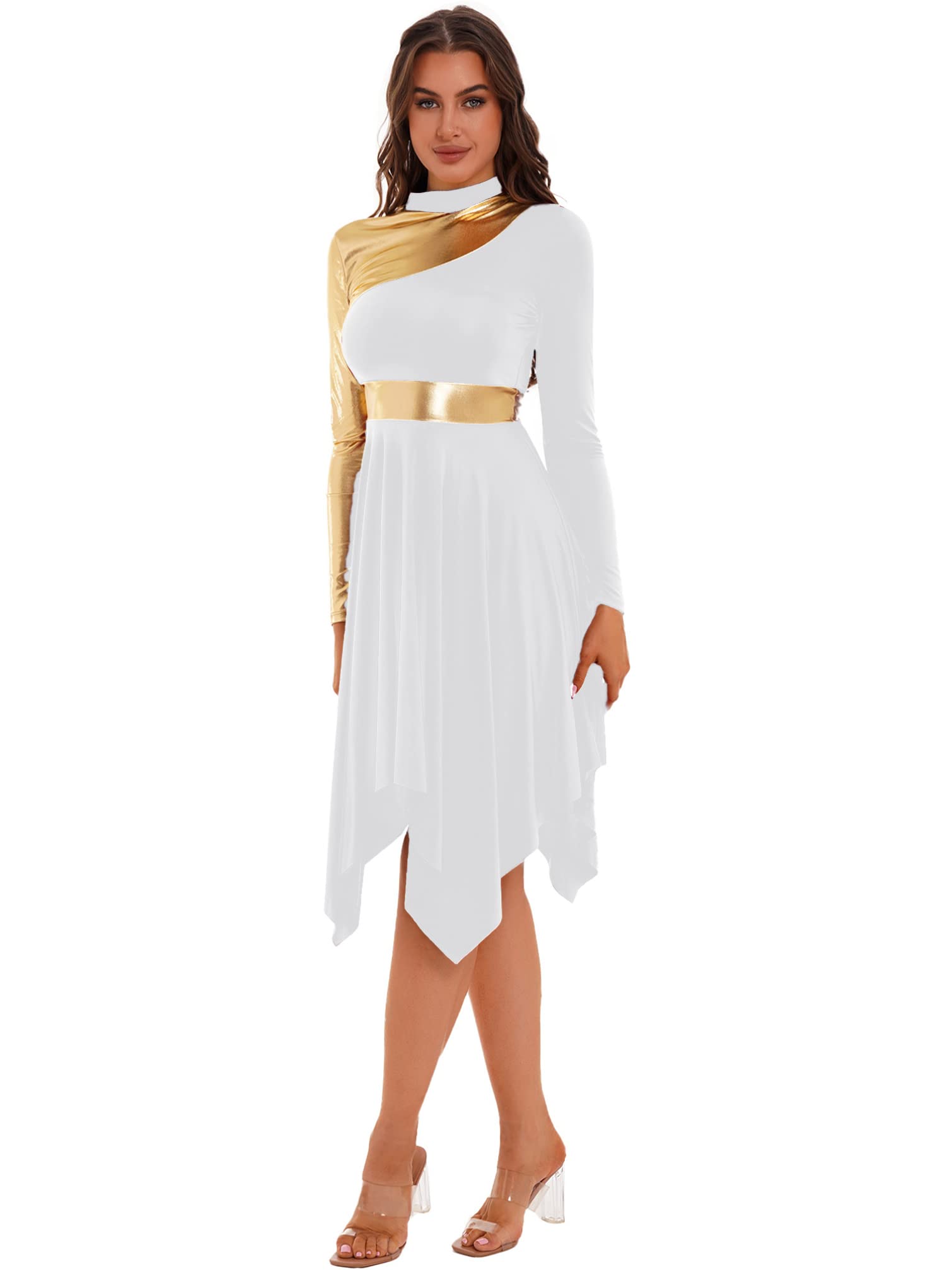 Women's Metallic Long Sleeve Praise Dance Dress - Color Block Liturgical Dancewear - Lyrical Worship Tunic for Church Performances & Christian Dance Events