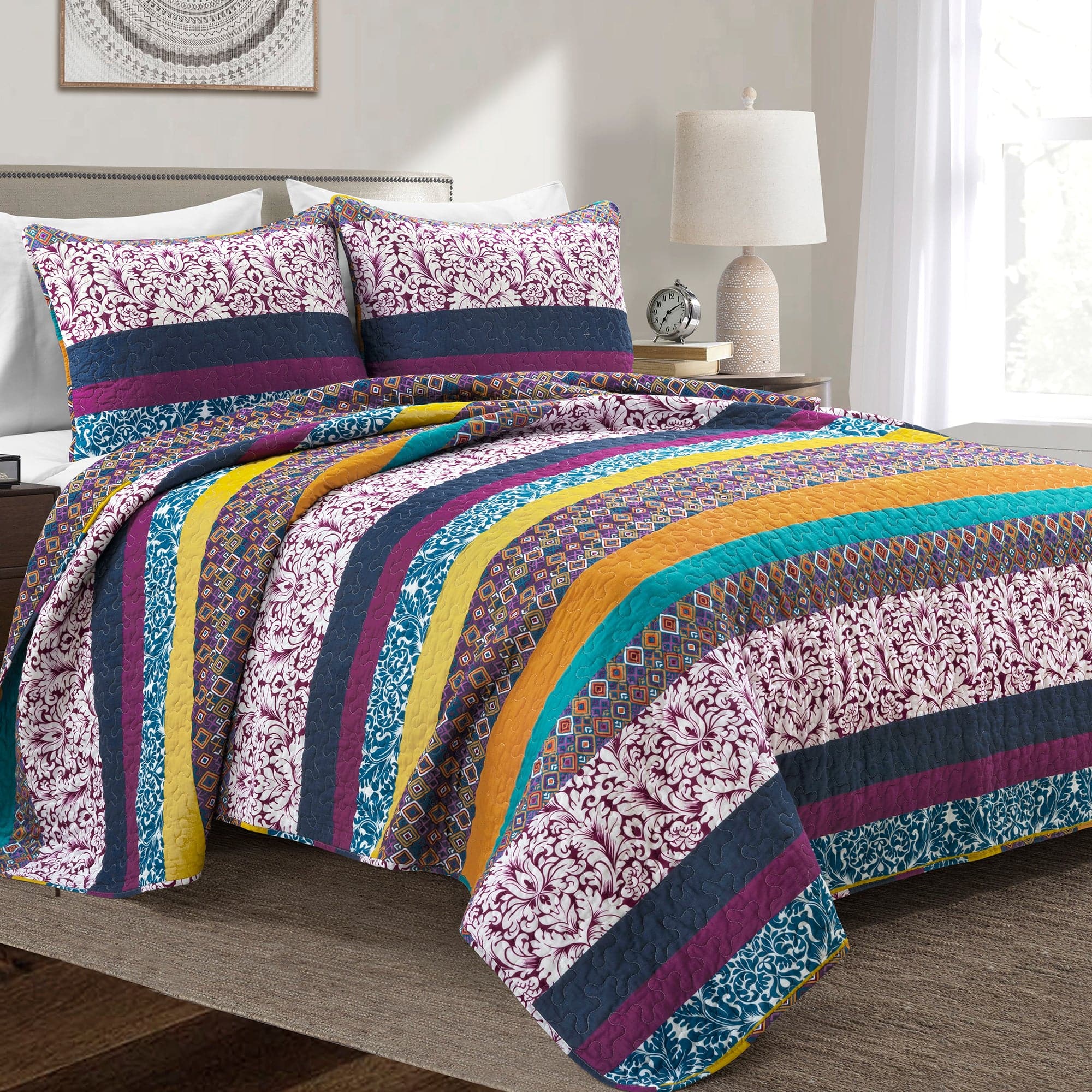 Boho Stripe 3-Piece Quilt Set - Queen Size, Soft Cotton Bedding for Bohemian Style Bedroom Decor | Perfect for Guest Rooms, Master Bedrooms & Cozy Home Styling