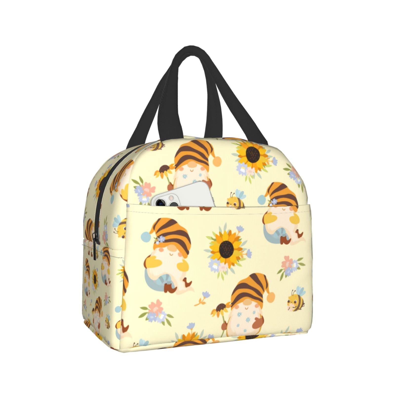 Insulated Lunch Box with Cute Sunflower & Gnome Design - Reusable & Leakproof Meal Container for Work, School, Travel & Picnic - Portable Tote Lunch Bag for Men & Women