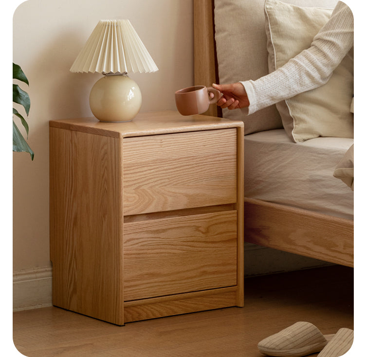 Solid Oak Wood Nightstand with 2 Drawers - Bedroom Side Table for Bedside Storage & Organization