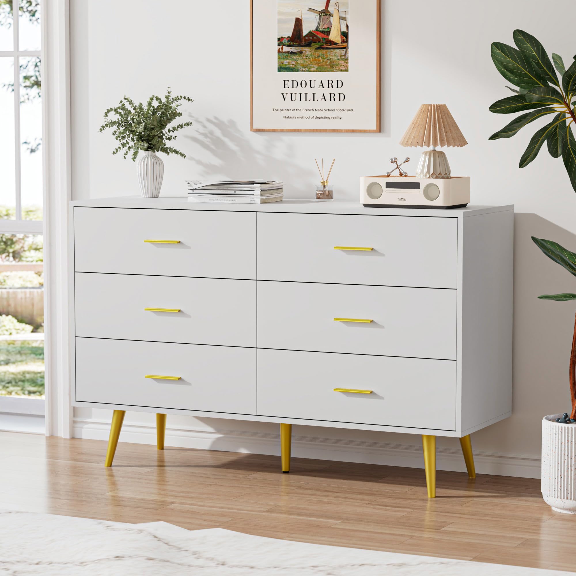 White Dresser for Bedroom - 6 Drawer Chest with Gold Metal Handles, Wide Storage Drawers, Modern Wood Dresser for Hallway, Entryway, Living Room | Perfect for Organizing Clothes, Bedding & Home Decor in Small Spaces