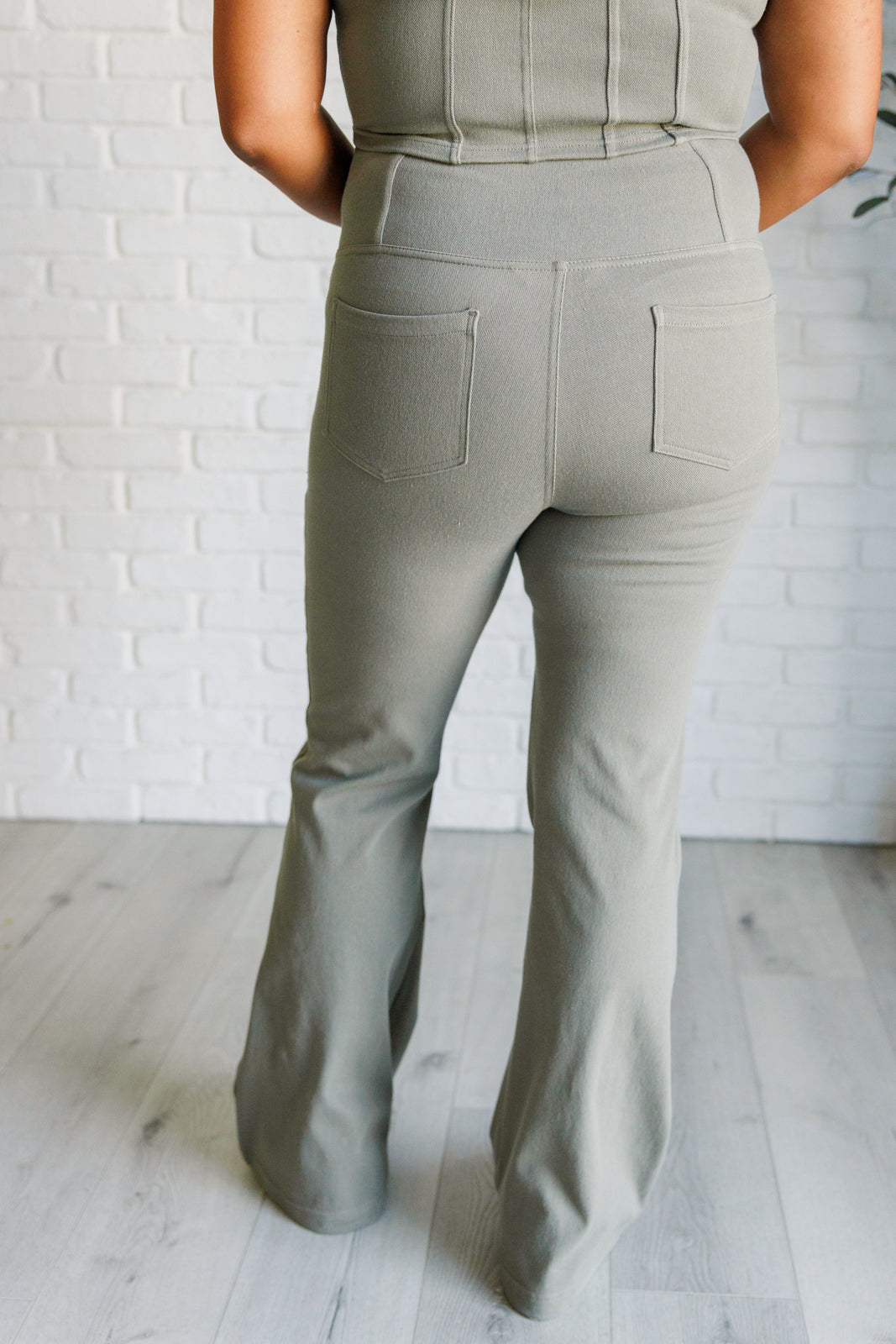 Stylish Dusty Olive Twill Flared Crossover Waist Pants for Women - Perfect for Office Wear, Casual Outings & Travel