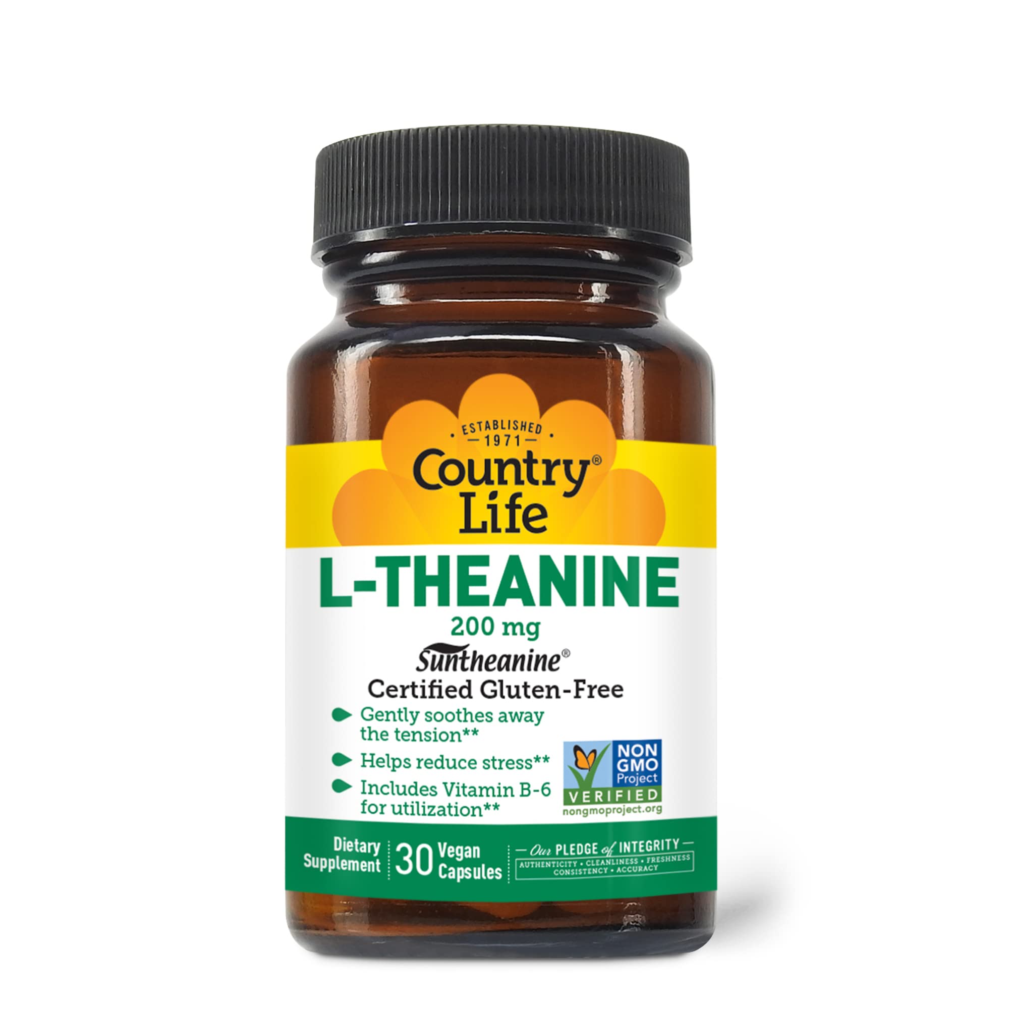 Country Life Suntheanine L-Theanine 200mg - 30 Vegan Capsules for Stress Relief & Focus - Gluten Free, Vegan, Halal Certified - Perfect for Meditation, Work & Study